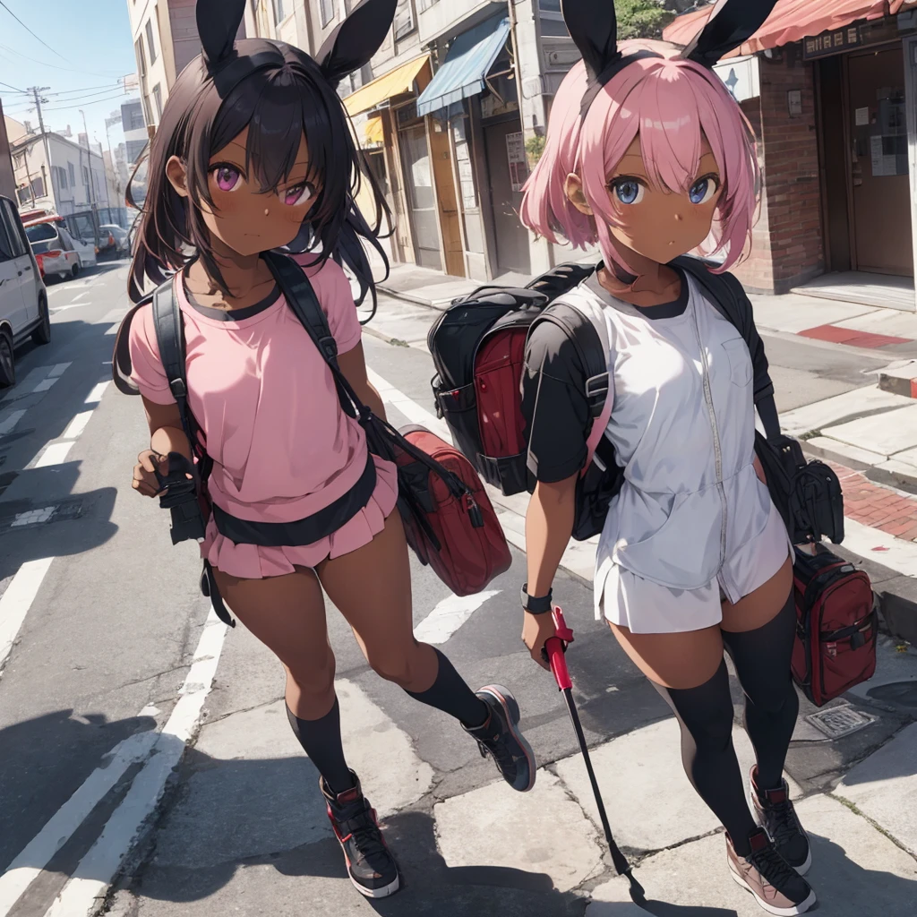 Early morning, city buildings background, sunglasses, red school swimsuit, thick eyebrows, leather backpack, bazooka protruding from the backpack, carrying heavy weapons, (dark skin: 1.3), black gloves, brown skin, movie lighting, small, beautiful light pink hair, rabbit ears, (masterpiece), ((highest quality)), (super detailed), glossy skin, full body anime girl, solo, clean and detailed anime face, High resolution anime eyes, five fingers, textile shading, perfect human structure, perfect anatomy,
