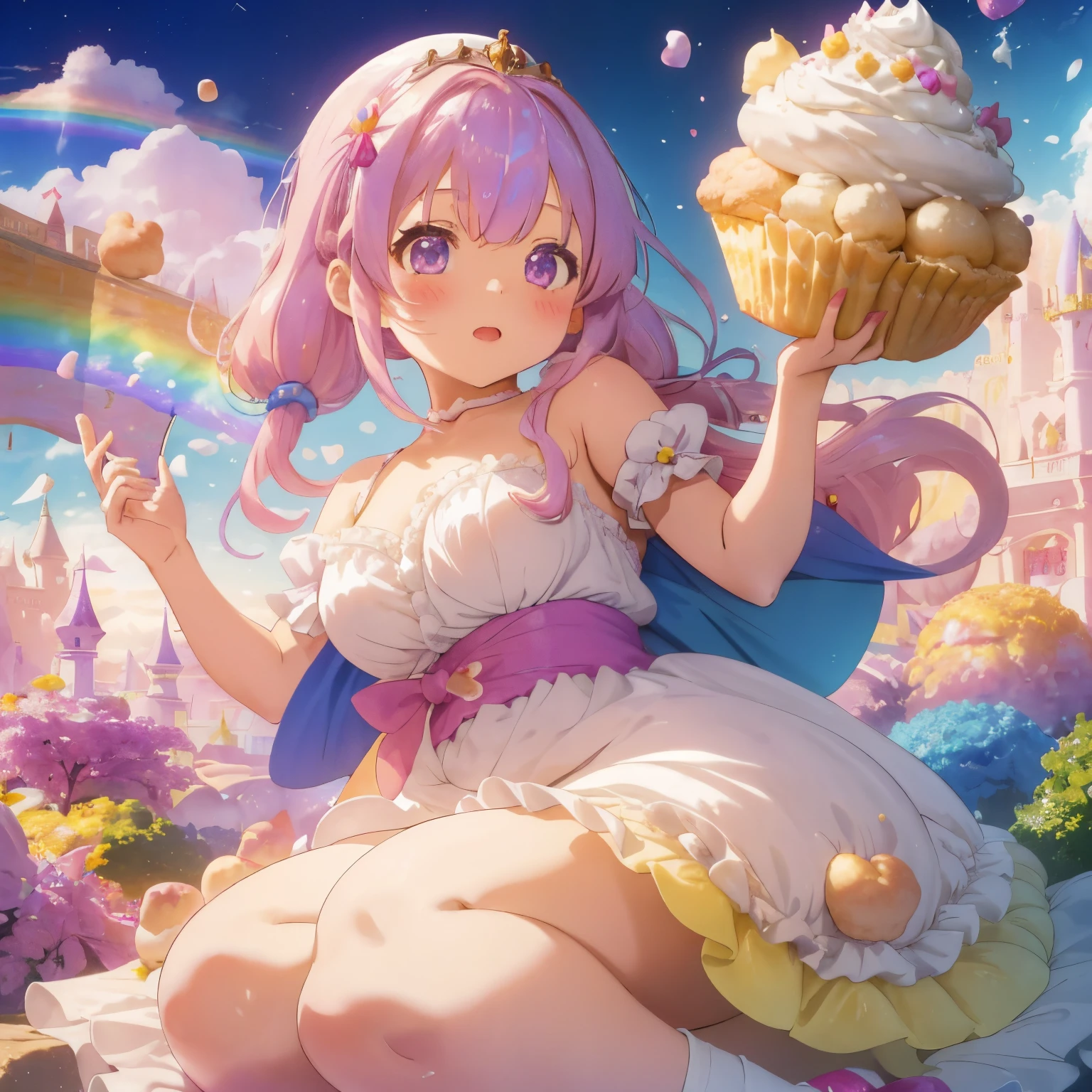 A fairytale and wonderland world,Colorful and lively atmosphere,confeti,Sweets, toys, and stuffed animals are floating and scattered in the air.,A pile of extra large cream puffs,A mountain shaped like a cream puff,fluffy hair,Odango Hair,Keeping hair together,rainbow-colored hair,A voluminous princess-like dress,Iridescent dresses,A little girl is climbing on a pile of cream puffs,