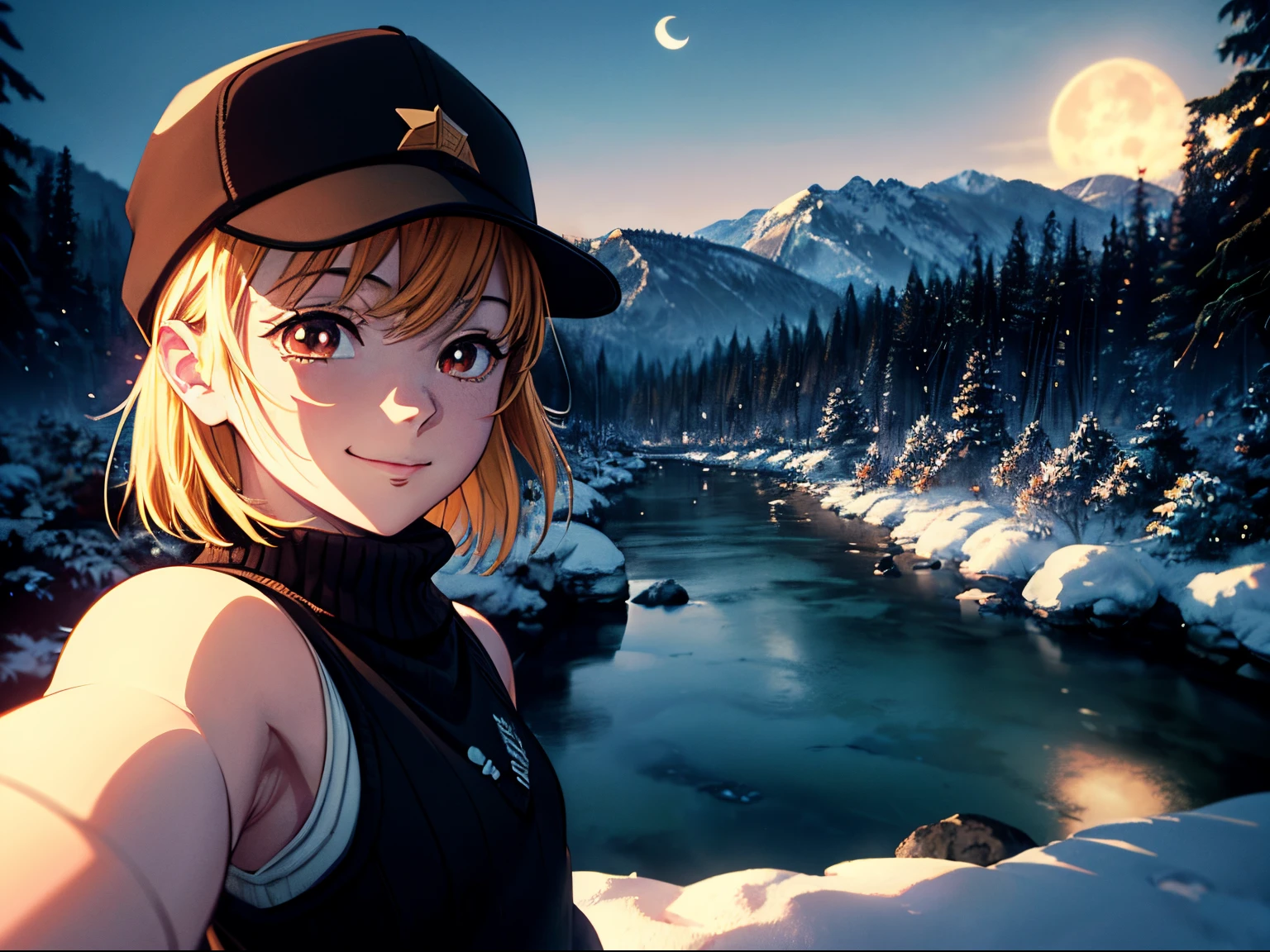 VeronicaCipher ((upper body selfie, Happy)), master piece, Superior Quality, ultra detail, alone, outdoors, (Night), mountain, Nature, (star, moon) cheerful, Happy, glove, pullover, hat, Lantern, Forest, Rock, River, Wood, smoke, Shadow, Contrast, clear sky, Analog style (see viewer:1.2) (skin texture) (filmic grain: 1.3), (warm tones, warm tones): 1.2 ), Close-up, Cinematic Light, Side Light, Ultra High Resolution, Vest Shadow, .RAW, Pullover Wear, Kodak Vision 3,