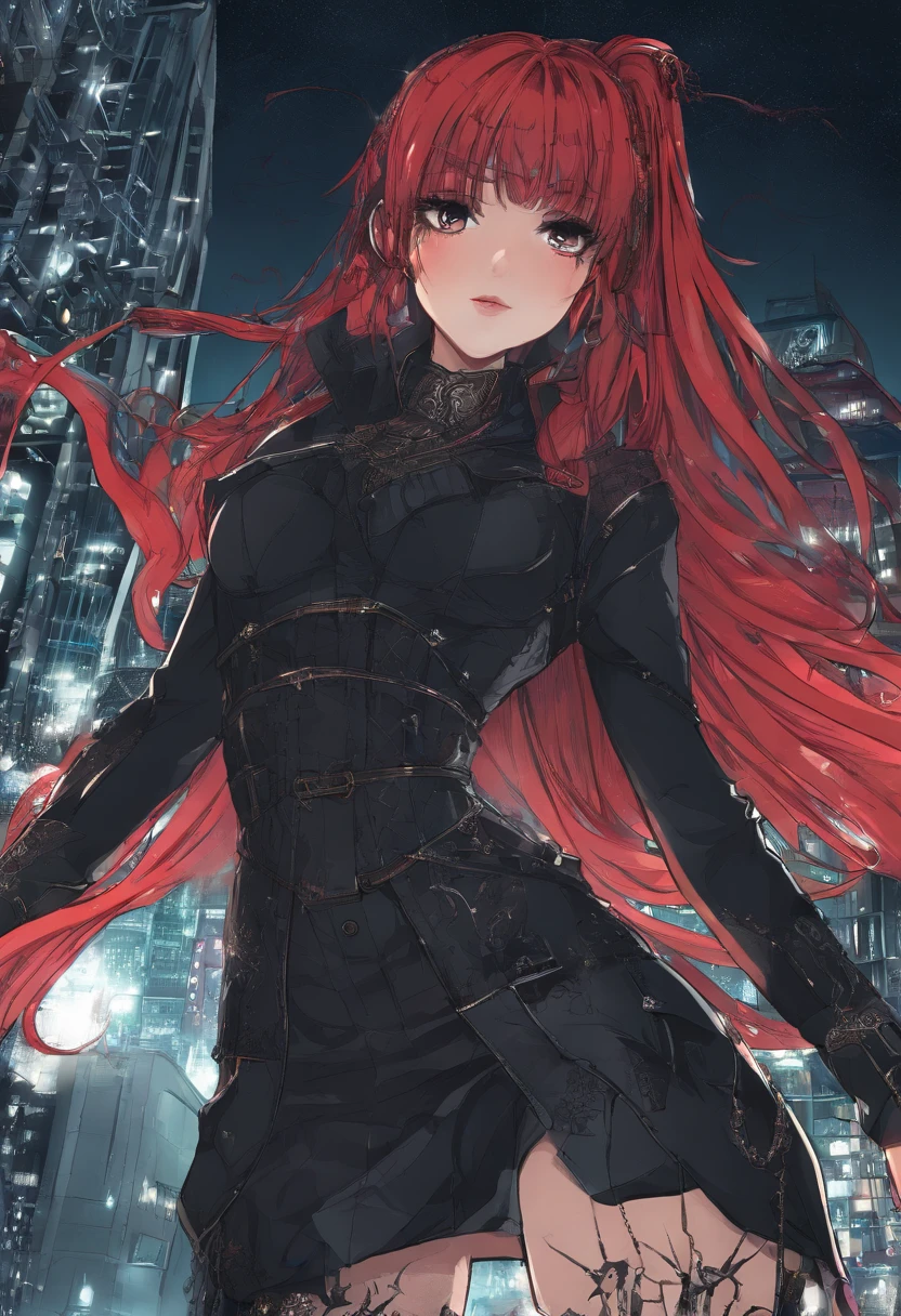 american young girl, in office, lustfull face, busty, nude on top, lace panties, stockings, high heels, red hair, pony tail, beautiful eyes, cyberpunk, night, clear, high resolution, only 1 girl, neon lights, dlsr, diffused lightning, high details, best quality, portrait
