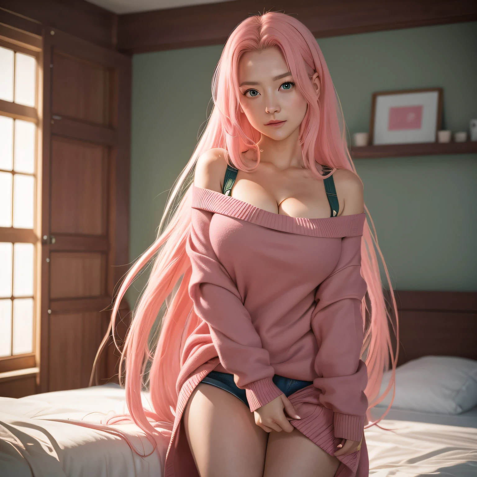 Masterpiece, Best quality at best, 1girl, Sakura Haruno, Large breasts, Oversized pink sweater, (cleavage), (front standing closeup), Raised sexy, is shy, with long pink hair down, (green eyes:1.3), Forehead protection, (Standing next to a soft bed), bare legs, film movie still, 1 girl in, innocent smile, (A detailed face), (Detailed skin), intricate details, Shallow depth of field, [volume fog], 电影灯光, Reflectors, a Canon EOS R5, 50mm lens, f/2.8, NffSW, shot at 8k resolution, (high quality, best rendering), Ultra detailed, 1girl, 25 years, Large breasts, Blush, front view, alluring angle, Masterpiece, pink oversized sweater, long pink hair (large breasts:1.4), (full body shot), (looking at camera), (standing casually)