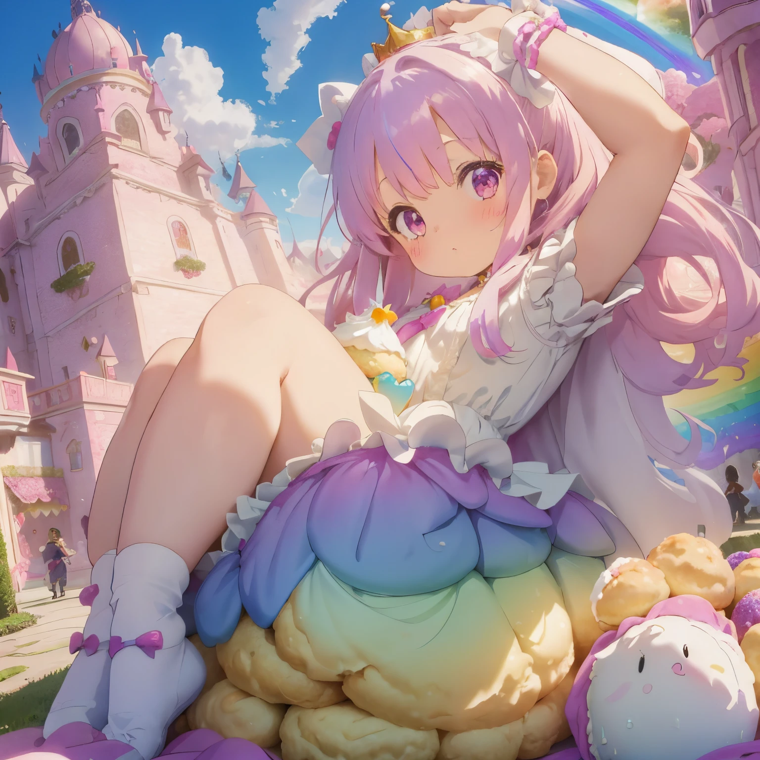 A fairytale and wonderland world,Colorful and lively atmosphere,confeti,Sweets, toys, and stuffed animals are floating and scattered in the air.,A pile of extra large cream puffs,A mountain shaped like a cream puff,fluffy hair,Odango Hair,Keeping hair together,rainbow-colored hair,A voluminous princess-like dress,Iridescent dresses,A is climbing on a pile of cream puffs,