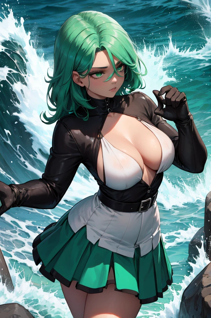 brown or black skin, Long sea foam green color hair, sea foam color eyes, black top, black belt, with sea foam color skirt on front, and black gloves. no sleeves. Green magic coming out of hands