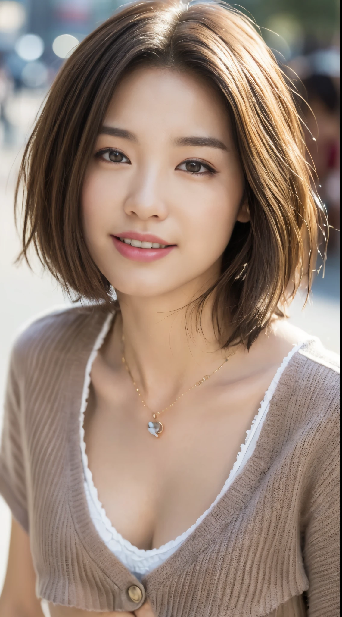 ((best qualtiy, 8K, tmasterpiece:1.3)), Focus:1.2, Perfect figure beautiful woman:1.4,, ((Cut hair in layers, tiny chest:1.2)),(Street),Highly detailed facial and skin texture, A detailed eye, 二重まぶた,Whiten skin,Hoyt's Hair,Light brown、ssmile