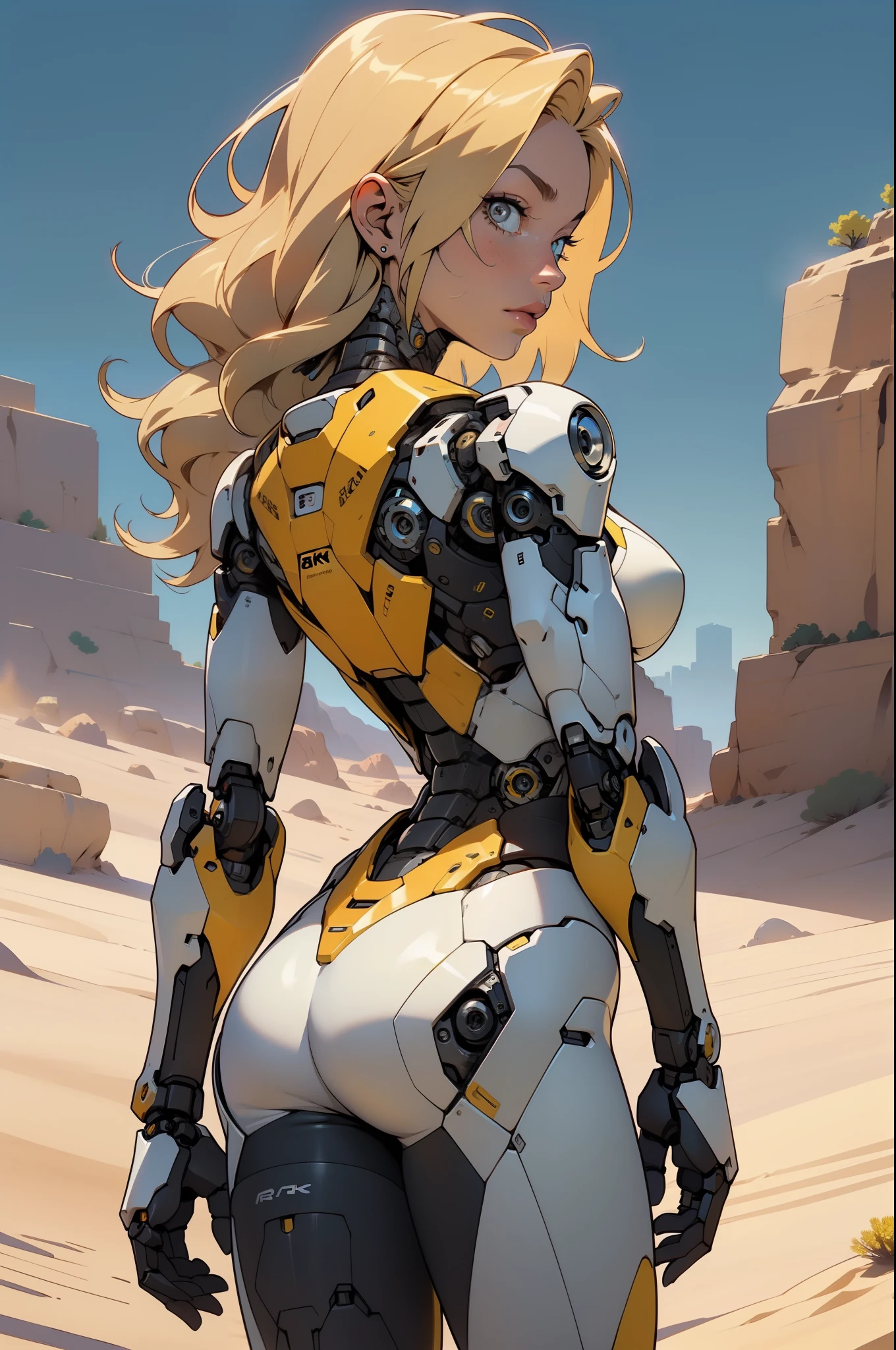 high quality, 4k, masterpiece, beautiful, cyborg girl, cowboy shot, dull eyes, back side, turning around to look at viewer, long blonde hair, girl, small breasts, fit thigh, robotic arms, robotic body, cyborg body, yellow accent, red accent, intricate detail, joint, detailed lines, robotic detail, 1fist on hip, color robotic parts, robotic parts with color, perfect fingers, on a desert planet, sunny background, colorful desert,