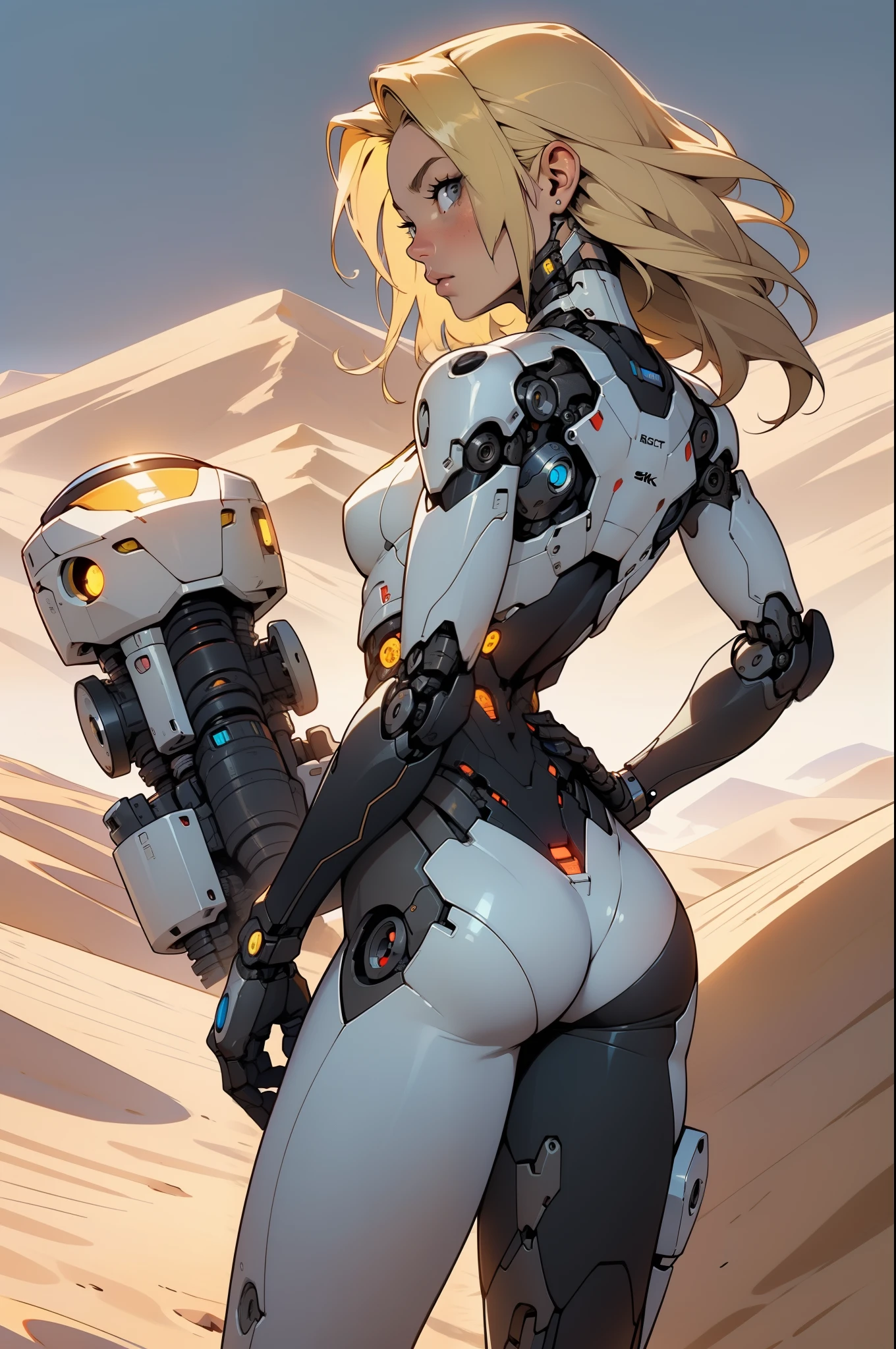 high quality, 4k, masterpiece, beautiful, cyborg girl, cowboy shot, dull eyes, back side, turning around to look at viewer, long blonde hair, girl, small breasts, fit thigh, robotic arms, robotic body, cyborg body, yellow accent, red accent, intricate detail, joint, detailed lines, robotic detail, 1fist on hip, color robotic parts, robotic parts with color, perfect fingers, on a desert planet, sunny background, colorful desert,