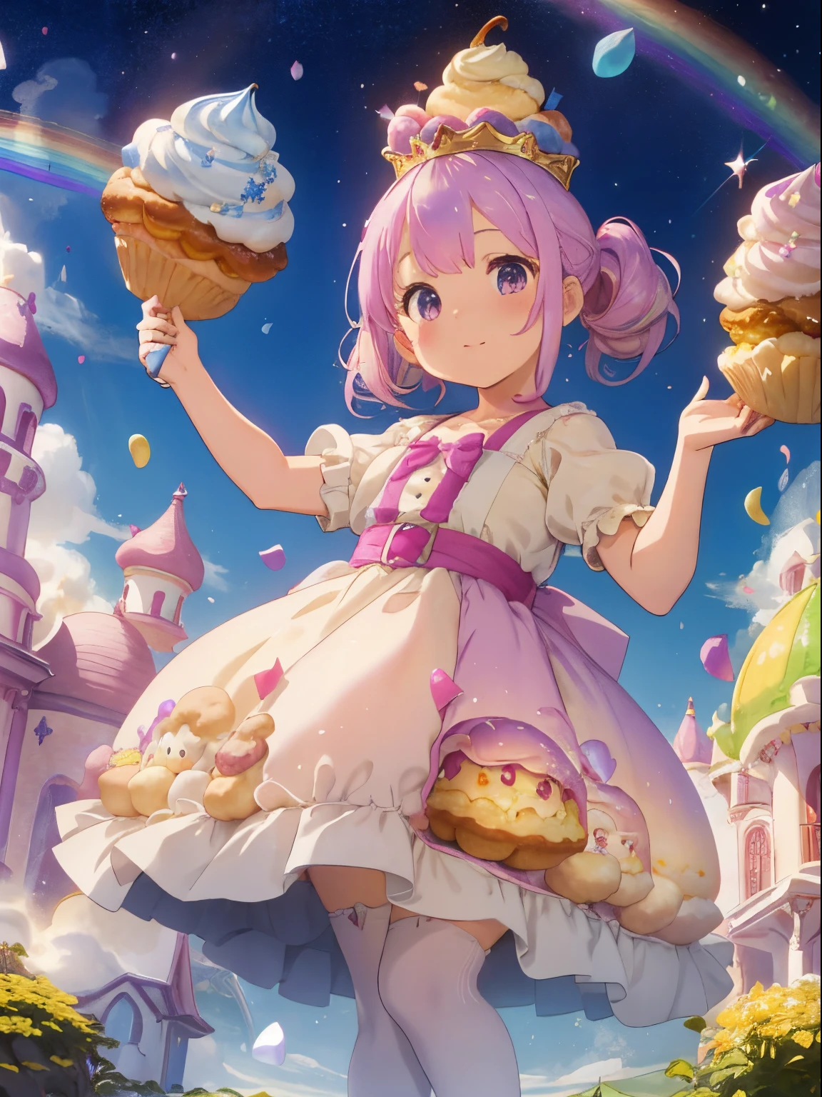 A world of fairy tales and wonderlands,Colorful and lively atmosphere,confeti,sweets, Toys, Stuffed animals are floating and scattered in the air.,A pile of extra large cream puffs,A mountain shaped like a cream puff,fluffy hair,Odango Hair,Keeping hair together,rainbow-colored hair,A voluminous princess-like dress,Iridescent dresses,A *********** is climbing a mountain of cream puffs,