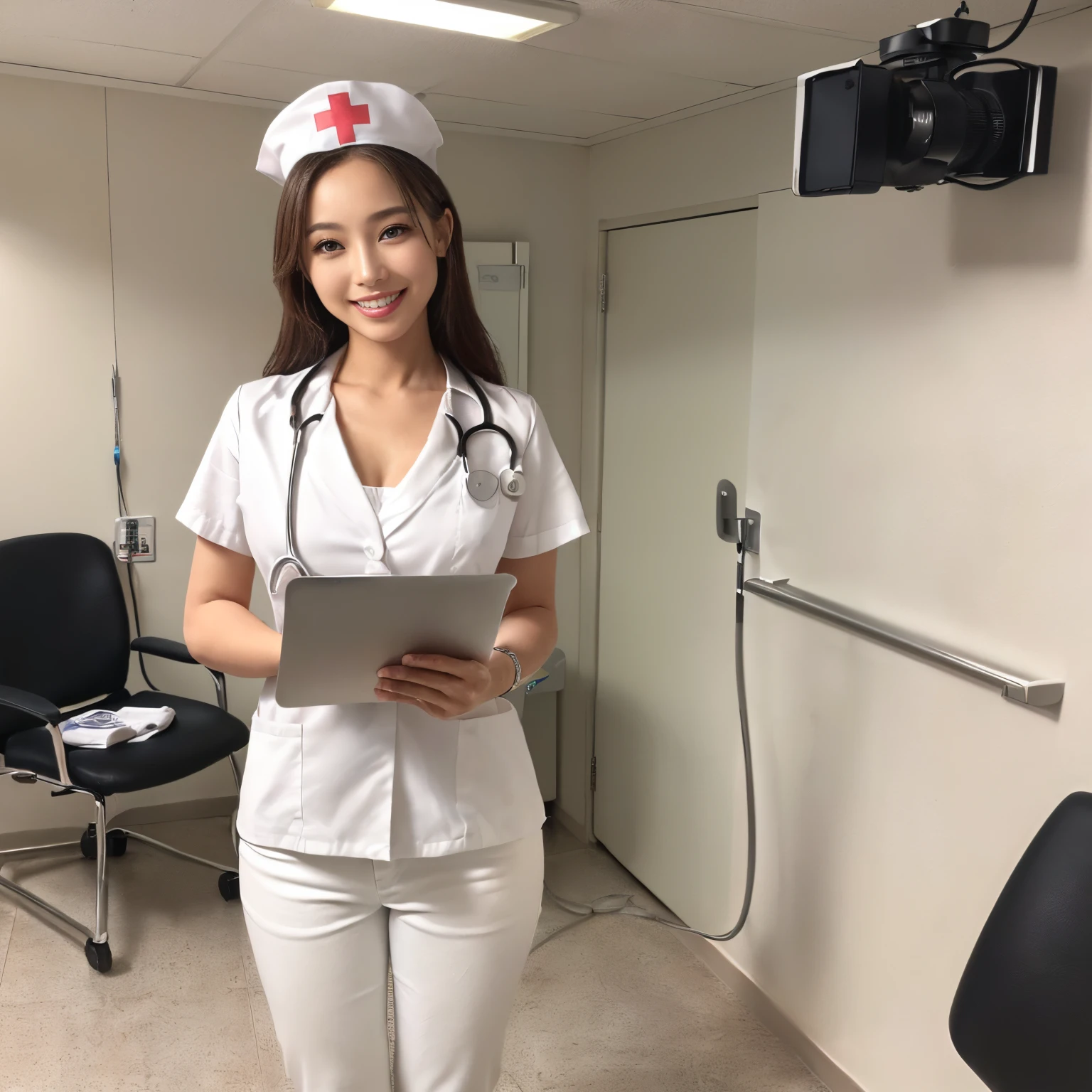 ((top-quality、masutepiece、8K、Top image quality))、((1 nurse,Manteau blanc、Nurse Cap,authentic nurse cap、Full body white、White pants、Perfect smile、A big smile staring at the camera、Looking at the camera、Standing in a hospital room、holding a clipboard、stand with a clipboard、Shoot in the knee、Her whole body))、((Breasts are big、hyperdetailed face、stethoscope、二重まぶた、White clean teeth、Breasts are big、Perfect makeup,Gentle expression、shiny lip、Detailed depiction of the background of the hospital room、Perfect litthing))