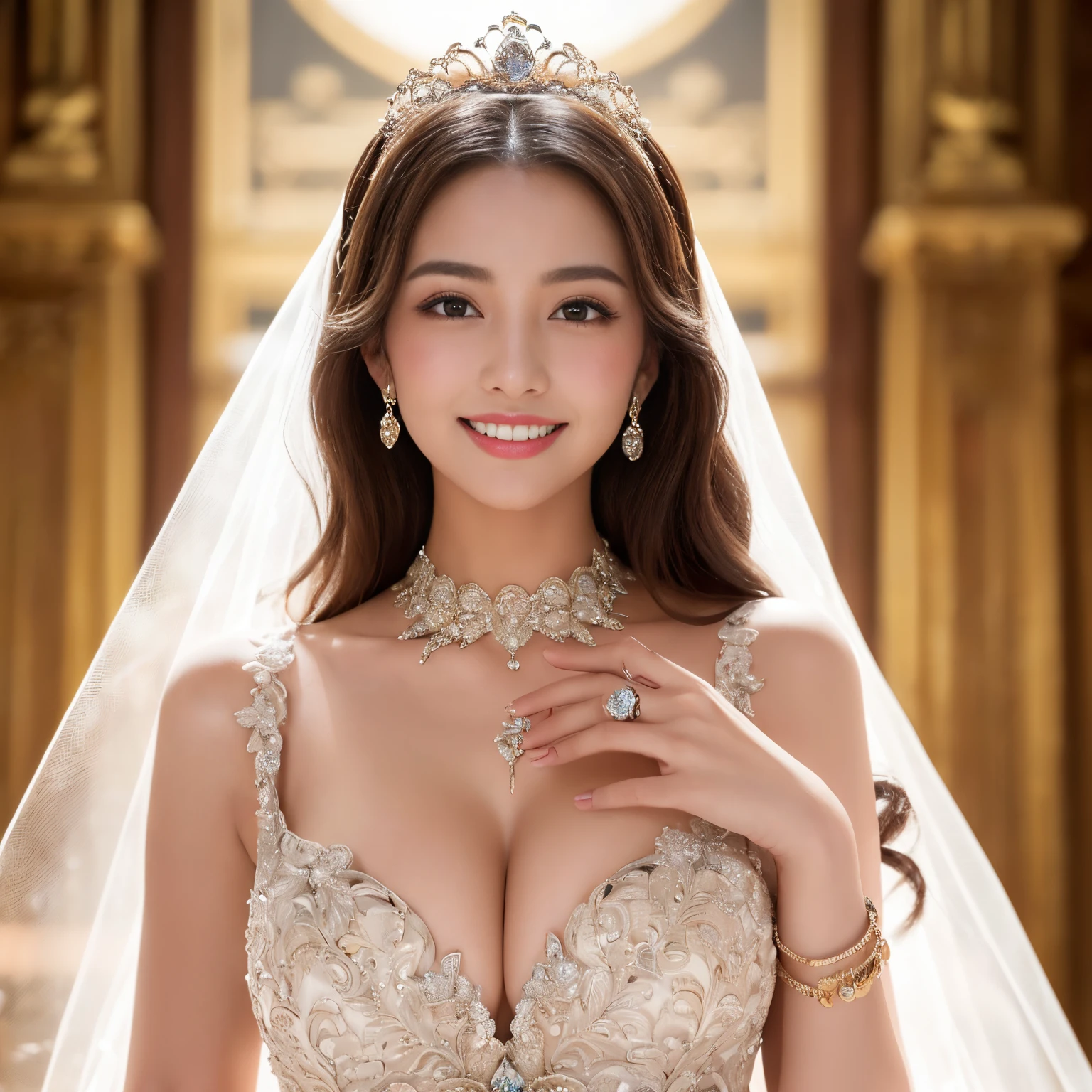 (((masutepiece、top-quality、Top image quality、in 8K、Award-Winning Works、super-fine、Very elaborate details)))、((1 Japan princess、The best luxury where everything is unimaginable、most gorgeous wedding dresses、the most luxurious wedding veil、the most gorgeous and charming bride、super huge wedding dress、the most luxurious decoration、The background is the most luxurious palace、Everything in the background is gorgeous、Complex and gorgeous backgrounds、Shine intricately、The biggest smile staring at the camera、Her whole body、The upper part of the body、take a photo from your lap))、((the most gorgeous wedding、large amount of intricate decoration、Large amount of jewelry decoration、The largest giant tiara in the world、detailed gems、detailed ornament、Sparkling costumes、glowing gemstones、large full breasts、royal))、(A detailed face、perfect teeth、finerly detailed face、Perfect fingers、Accurate 5 fingers)