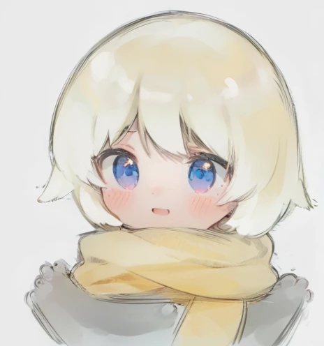 (best quality,highres,ultra-detailed:1.2),portrait,winter,1girl,cute,bob haircut,medium length hair,beige hair,colorful scarf,upper body,white bear,iconic,playful expression,snowflakes,soft lighting,cozy atmosphere