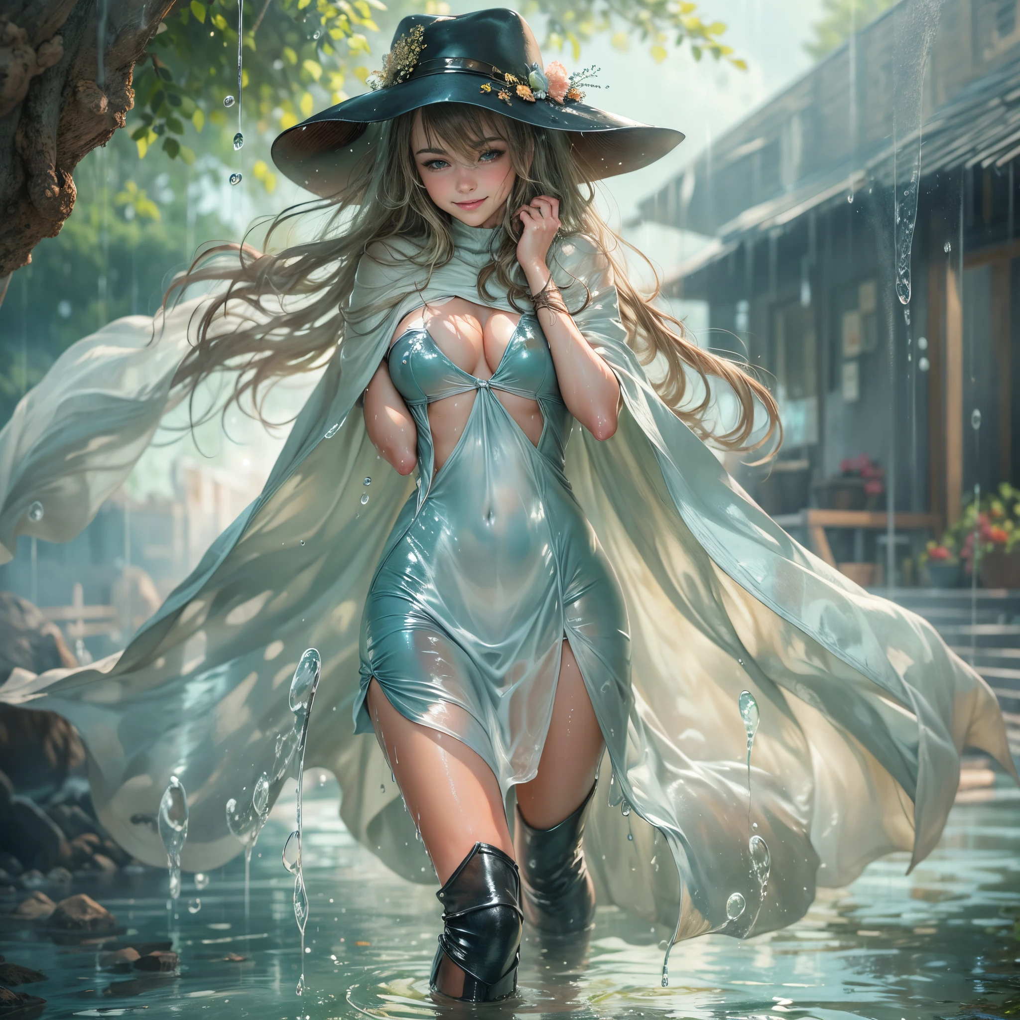 (masterpiece, best quality:1.2), cowboy shot, solo, 1girl, smile, looking at viewer, shift dress, capelet, cloak, wet clothes, soaked, dripping wet, wet hair, wet skin, translucent, glistening with oil, fully clothed