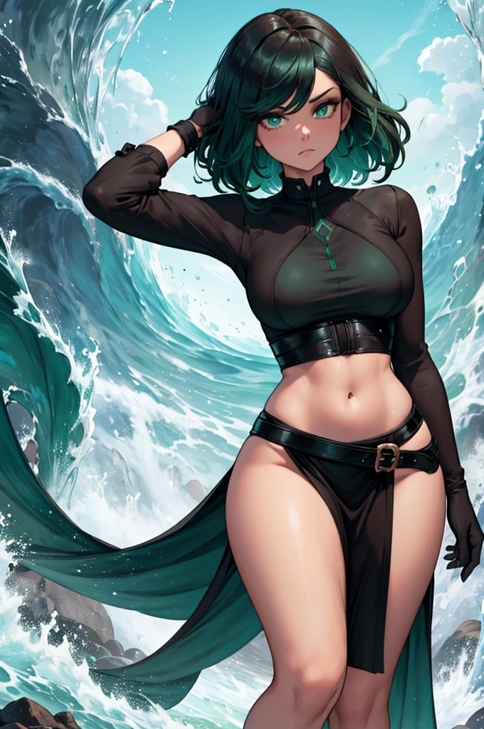 dark brown or black skin, Long sea foam green color hair, sea foam color eyes, black top, black belt, with sea foam color skirt on front, and black gloves. Green magic coming out of hands, Arms reveal, Belly reveal, revealing legs, revealing thighs.