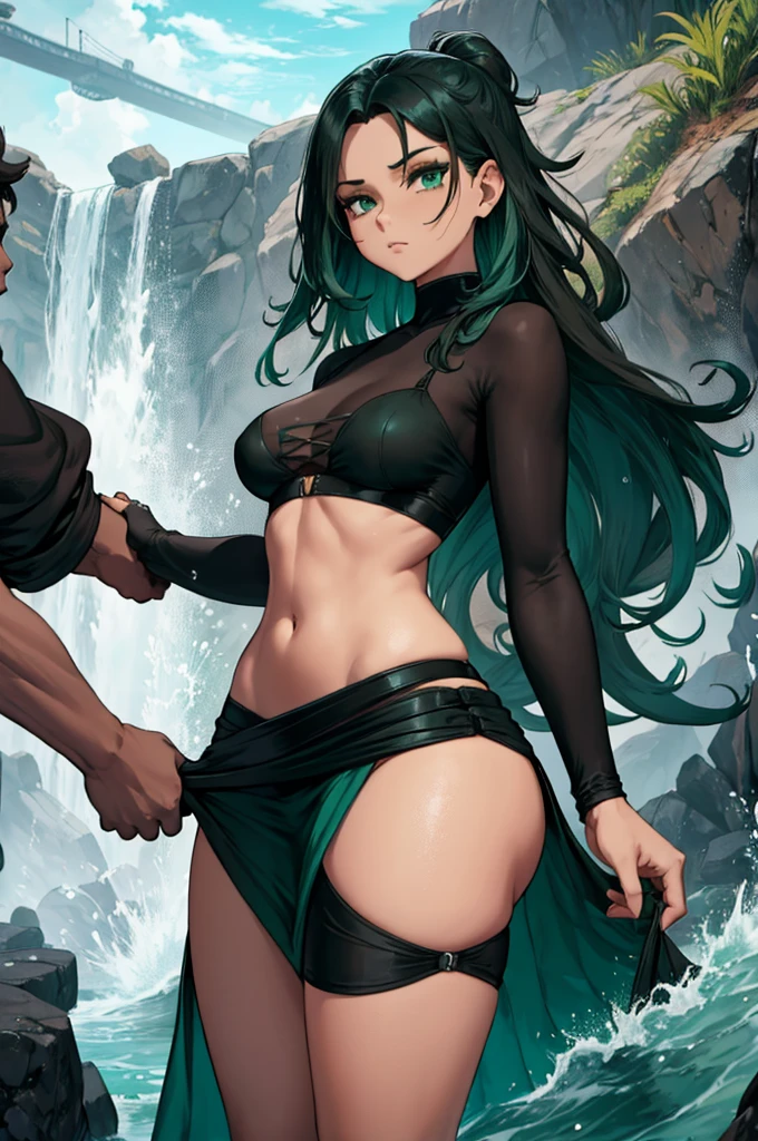 dark brown or black skin, Long sea foam green color hair, sea foam color eyes, black top, black belt, with sea foam color skirt on front, and black gloves. Green magic coming out of hands, Arms reveal, Belly reveal, revealing legs, revealing thighs.