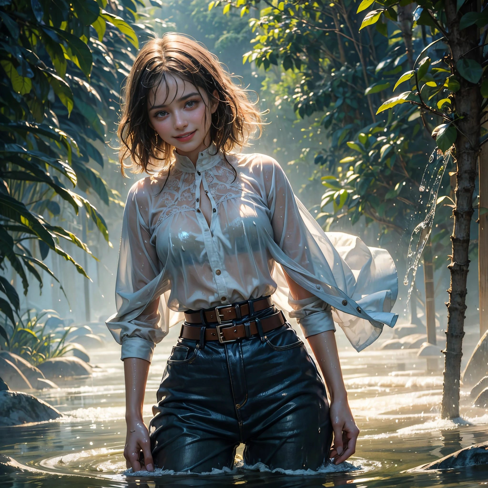 (masterpiece, best quality:1.2), cowboy shot, solo, 1girl, 27 yo peasant woman, smile, looking at viewer, peasant dress, capelet, belt, wet clothes, soaked, dripping wet, wet hair, wet skin, translucent, glistening with oil, fully clothed