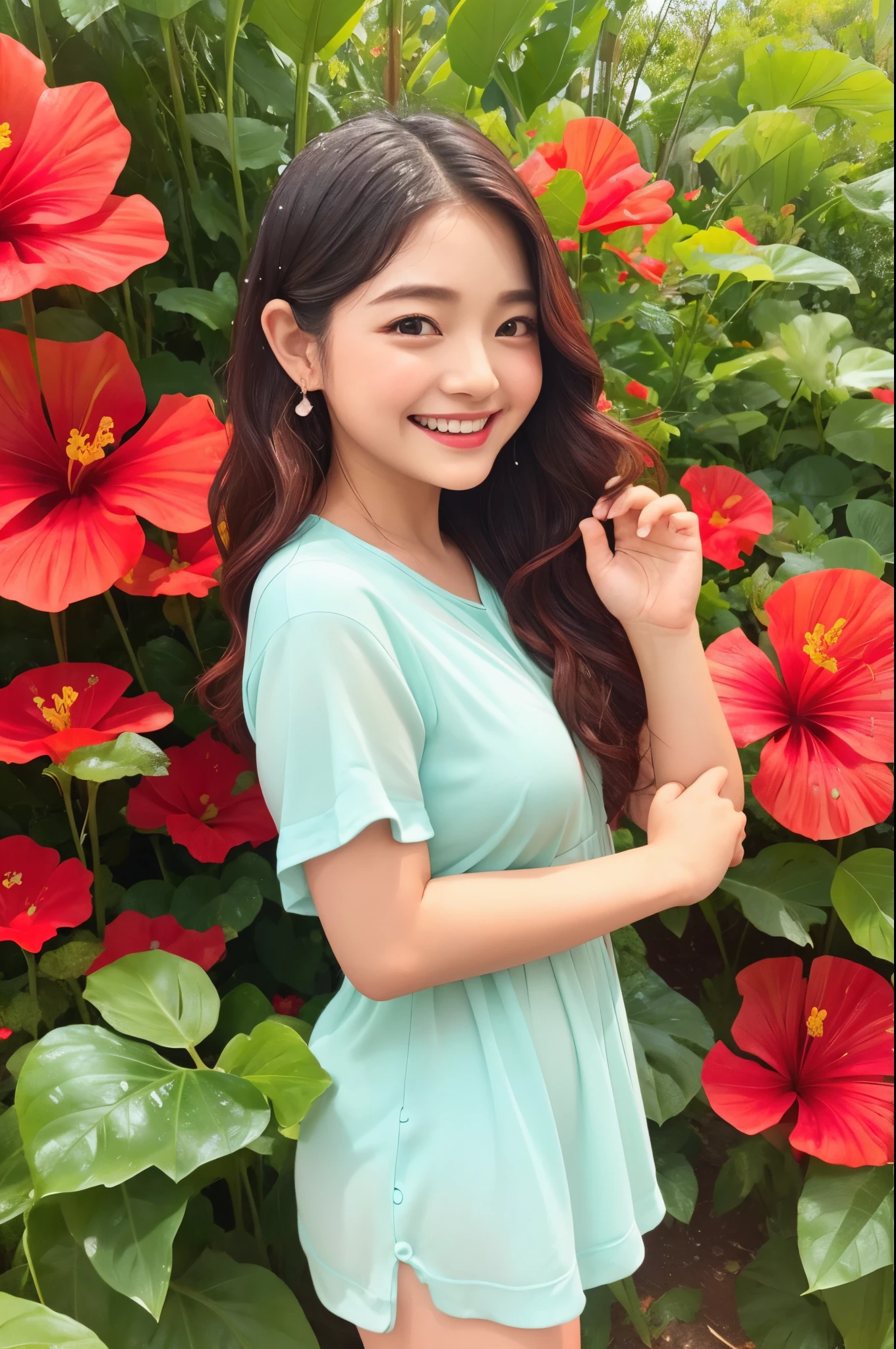 photoRealstic、Stand in front of the photo、laugh face、Water droplets on the cheeks、kawaii pose、spreading arms widely、Flowing Red Silk、bustup、Hibiscus petals、Taken from the side、season!!: 夏☀ 🍂 ハイビスカス