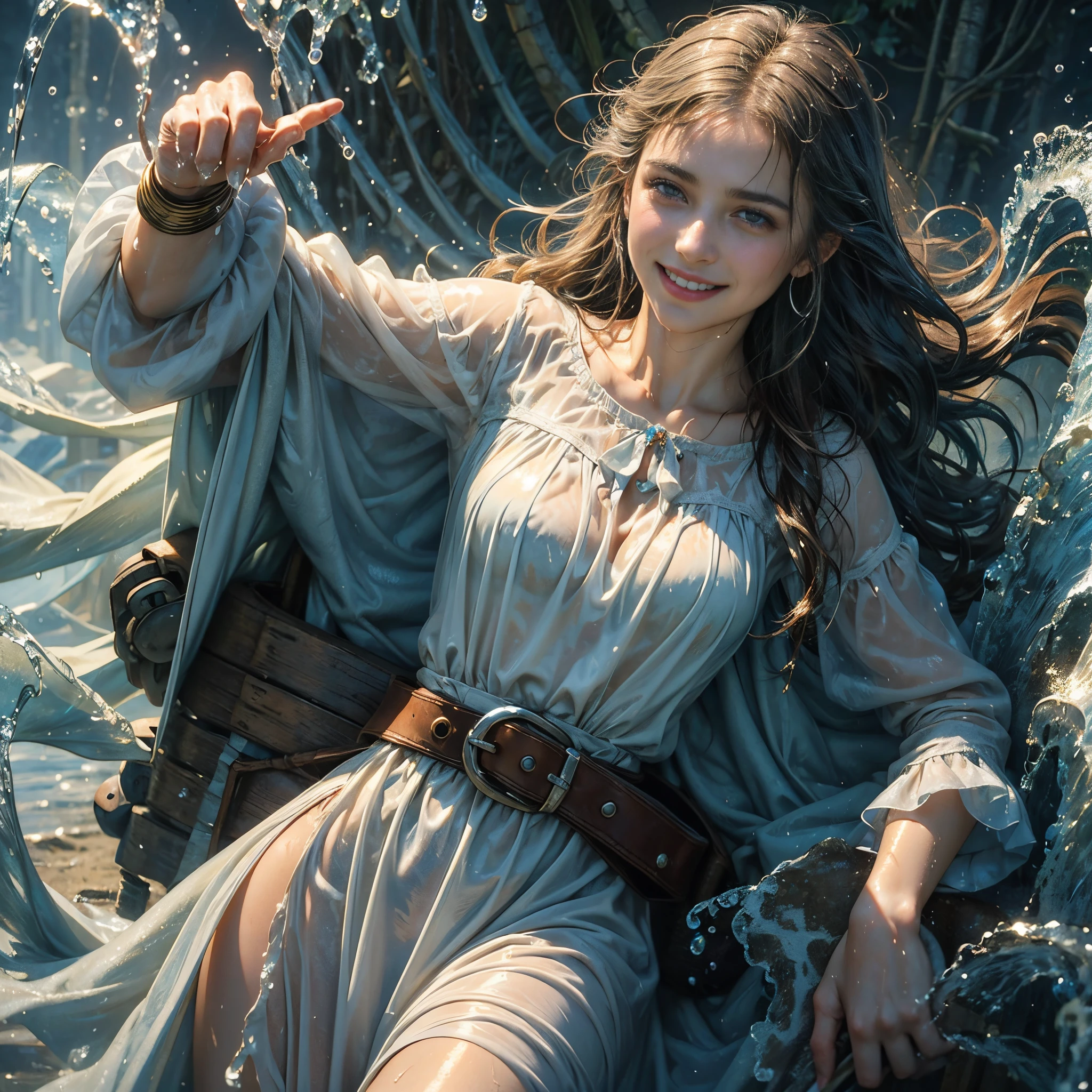 (masterpiece, best quality:1.2), cowboy shot, solo, 1girl, 27 yo peasant woman, smile, looking at viewer, peasant dress, capelet, belt, wet clothes, soaked, dripping wet, wet hair, wet skin, translucent, glistening with oil, fully clothed