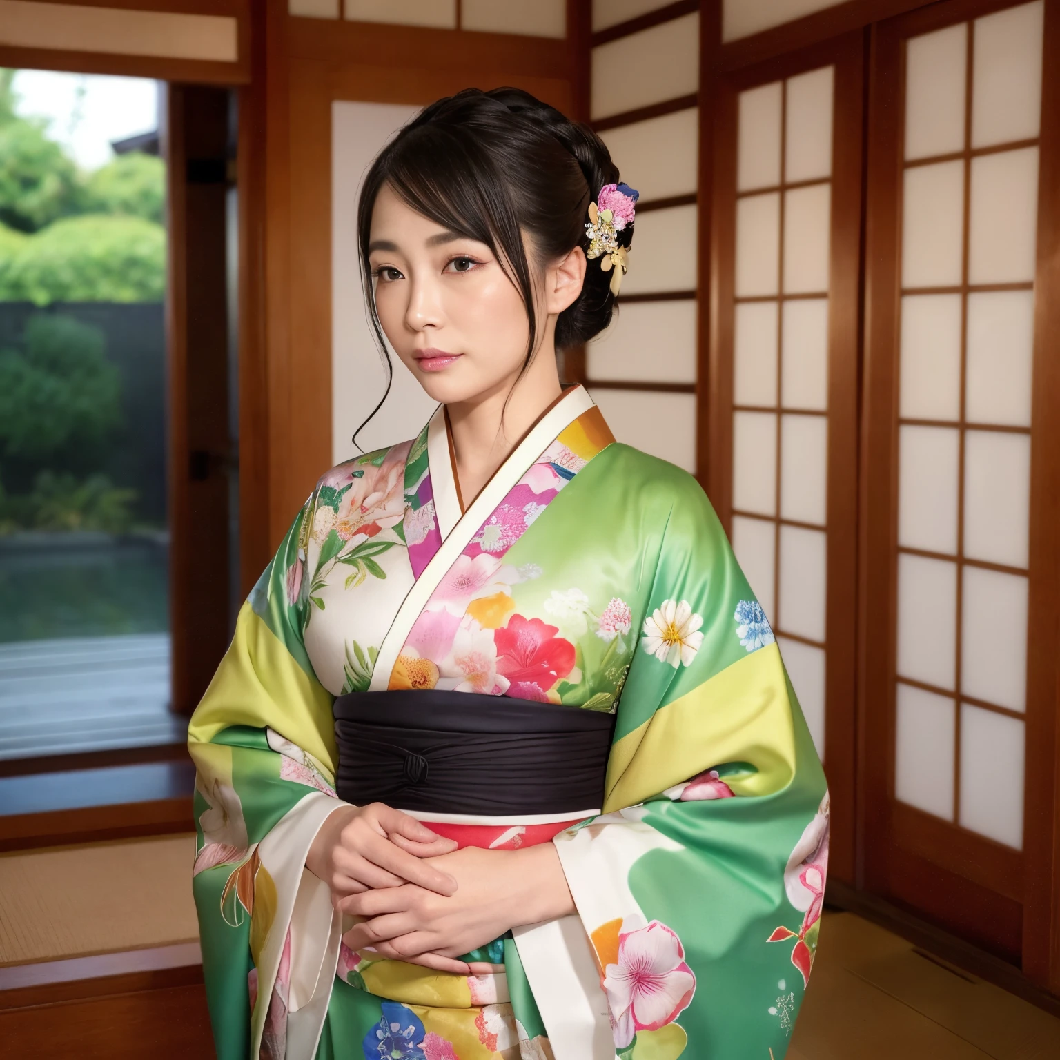 ((Best Quality, masutepiece, 超A high resolution、The most complex and detailed depictions、发光、Highly saturated、Bright and saturated、Vivid))、1人の女性、Wearing a luxurious kimono、(((mournful、sad Facial expression、saddened、Looks like you're about to cry、View me)))、(Japanese style elegant kimono、Graceful standing、standing elegantly)、Elegant kimono、Shot from the waist up、(((Staring at me、Perfect gas chamber、look at me perfectly)))、A detailed face、Perfect glossy lips、perfect anatomia、elegantly styled hair、she is wearing an elegant hairpin.、natural make up、A detailed face、face perfect、Beautiful fair skin、perfect shiny skin and hair、The background is an elegant Japanese room、Lush hairline、large full breasts、Fluffy kimono、The chest is open、No bra、Pregnancy
