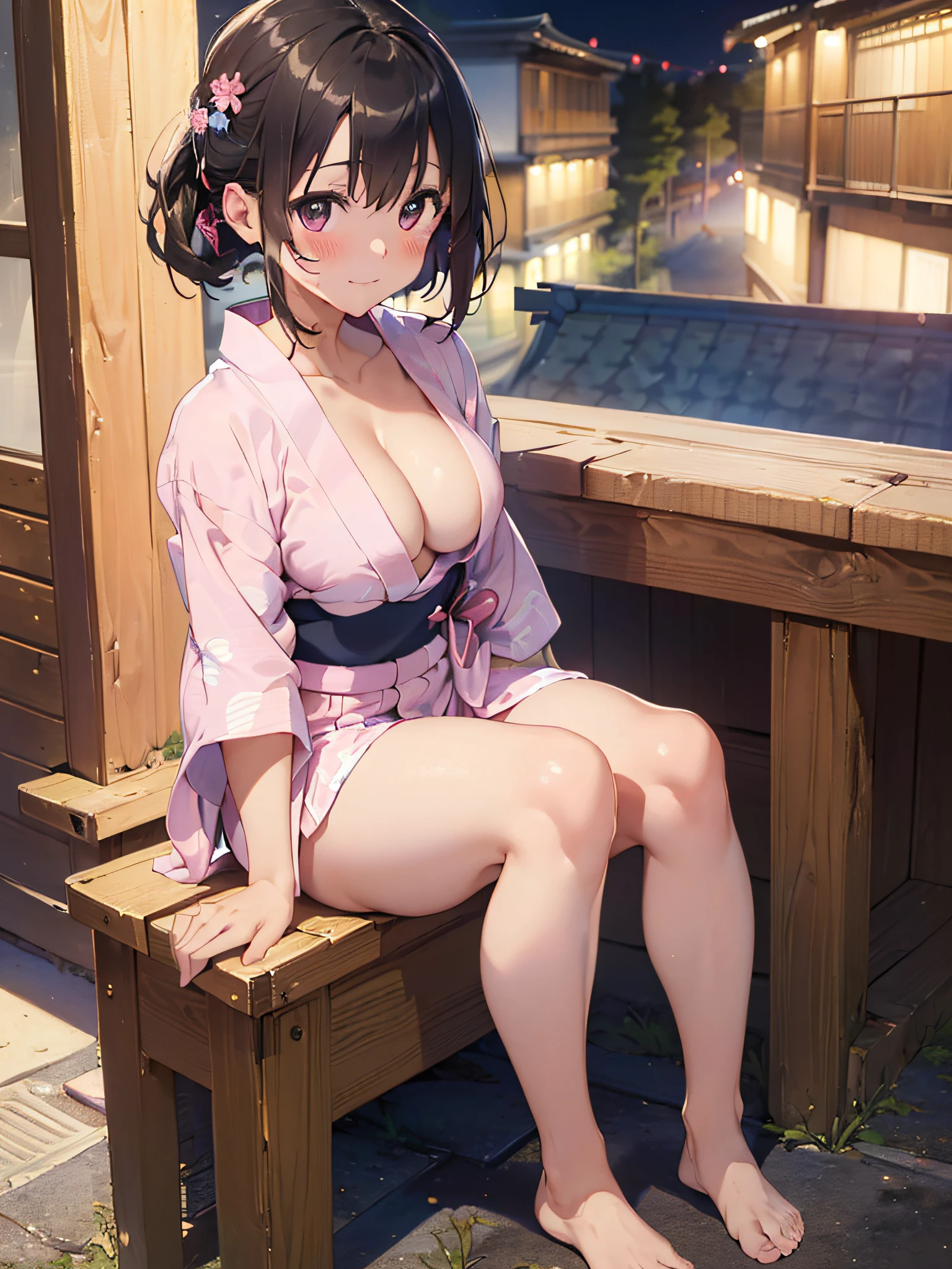 (masterpiece:2.0), (top-quality:2.0), (sitting naked:1.5), (extremely mini skirt extremely small pink yukata:1.5), (super thin fabric:1.5), (sexypose:1.5), (blushed face:1.3), (barechested:1.3), (realistic:1.5), 1 , precise hands, Embarrassed look, light smile, Look at me and smile, extremely cute girl, innocent face, young face, Clear eyes, Shining eyes, small breast, (cleavage of the breast is visible:1.5), (the thighs is visible:1.5), The crotch is visible, No pubic hair, full body, The beautiful skin, ultra-definition, Top resolution, japan high school student, brown hair, at the night festival