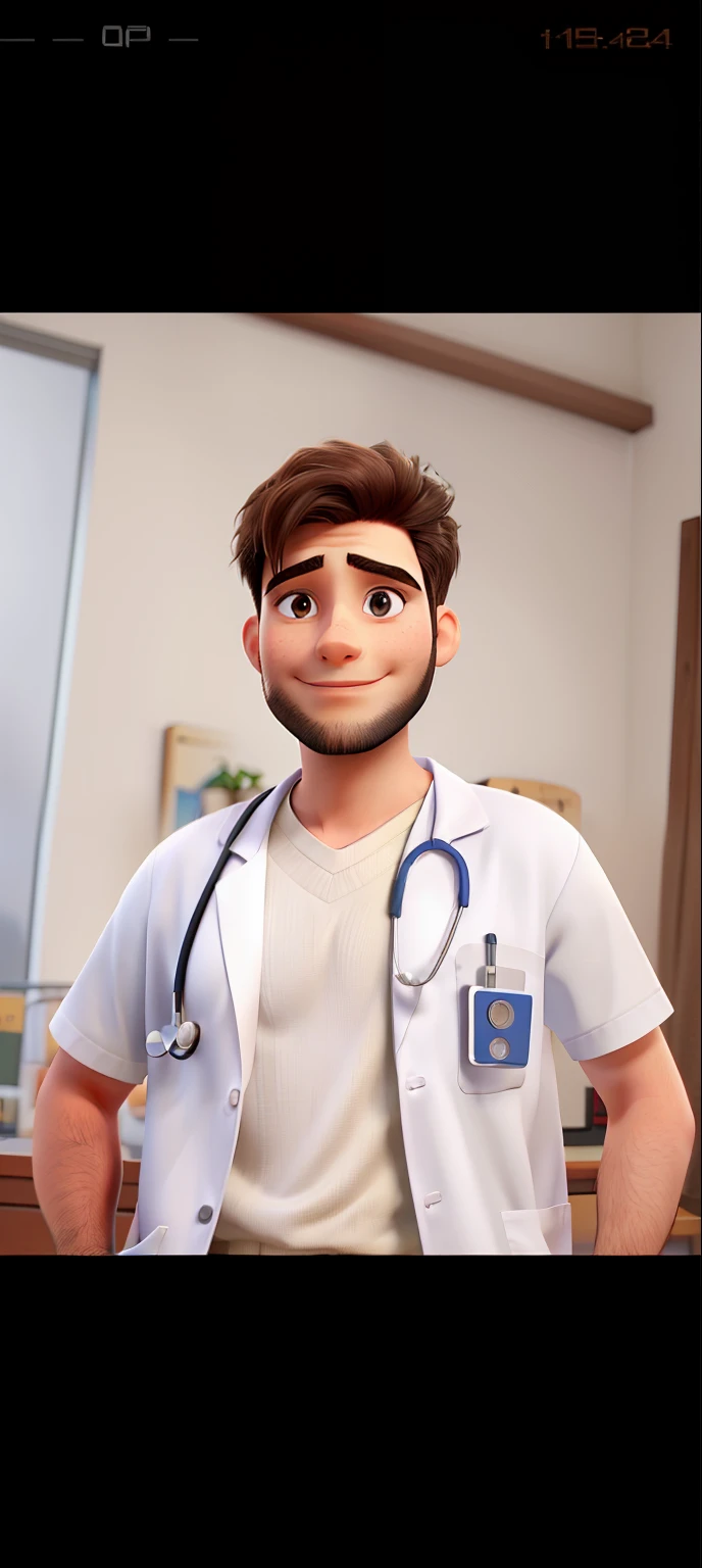 A young doctor with a small beard and straight hair