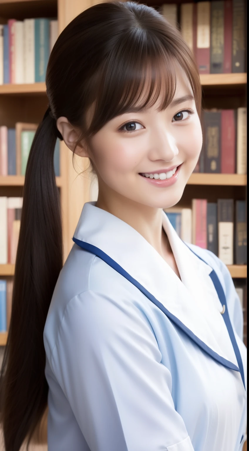 poneyTail、The face is a hostess、Dress is nurse's uniform、hiquality、A hyper-realistic、healthy、Smiling expression、Slender perfect figure、Japan beauties、beautidful eyes、face perfect、Beautiful skin、The background is the library、up of face
