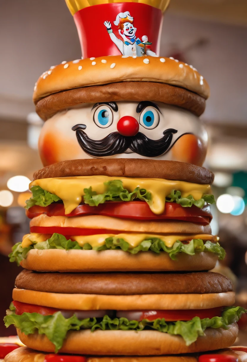 Sleazy McDonalds Clown creating an elaborate cheeseburger tower,original,Ronald McDonald