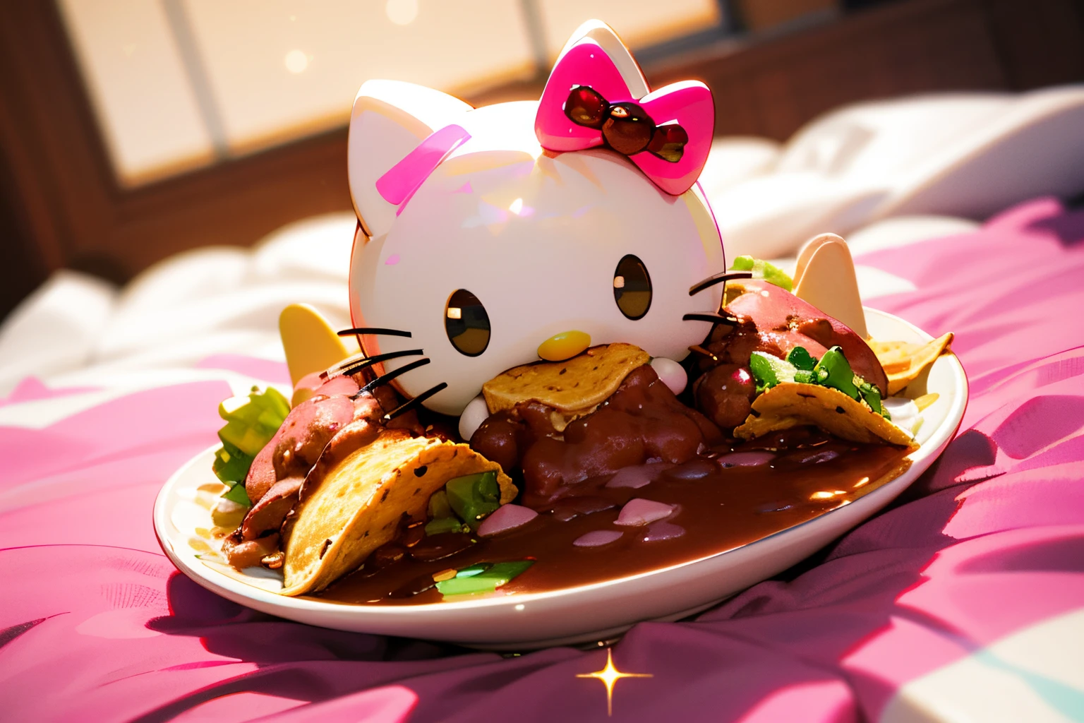 3d hello kitty with glitter pink bow eating birria tacos on pink bed in pink bedroom