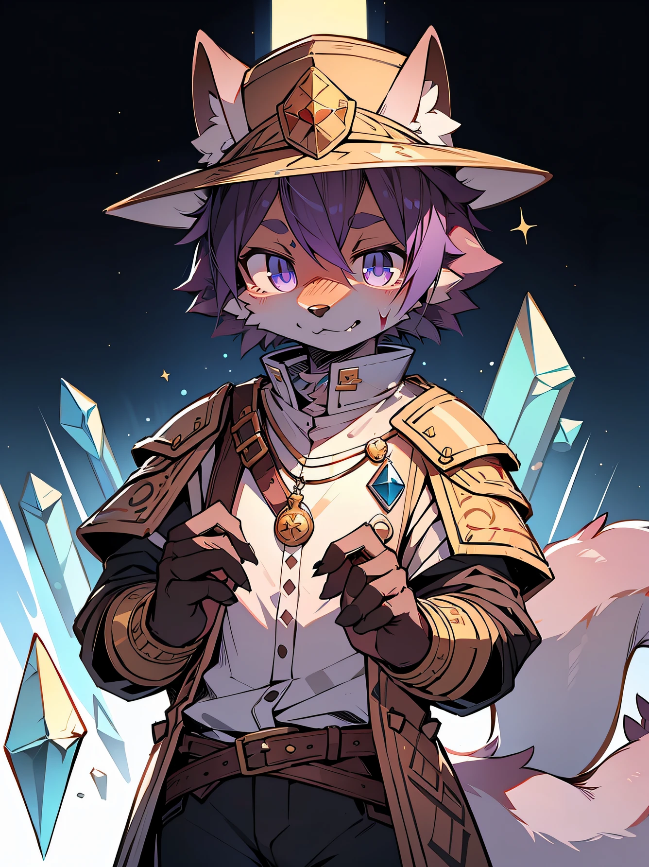 crystal, Star Fox, male people,deep purple hair, (Detailed pubic hair), Fluffy, Alone, Meticulous and pragmatic, A detailed eye, ( Amethyst pupils), ((Blood-colored eyes)), upscales, high detal, Delicate fur, ((The tail is in the right place) , German Golden Cross。article2Worn buttons2Meritorious Service Cross。Worn on the neckline:Knight's Medal。wears36official's big brimmed hat
