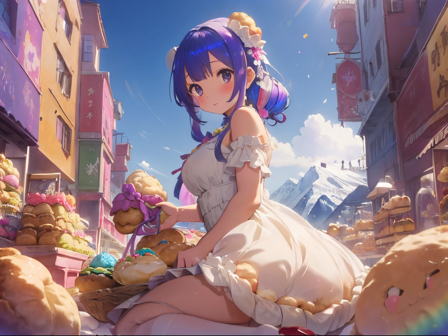 A world of fairy tales and wonderlands,Colorful and lively atmosphere,confeti,sweets, Toys, Stuffed animals are floating in the air and scattered.,A pile of extra large cream puffs,A mountain shaped like a cream puff,fluffy hair,Odango Hair,Keeping hair together,rainbow-colored hair,A voluminous princess-like dress,Iridescent dresses,A  is climbing a mountain of cream puffs,