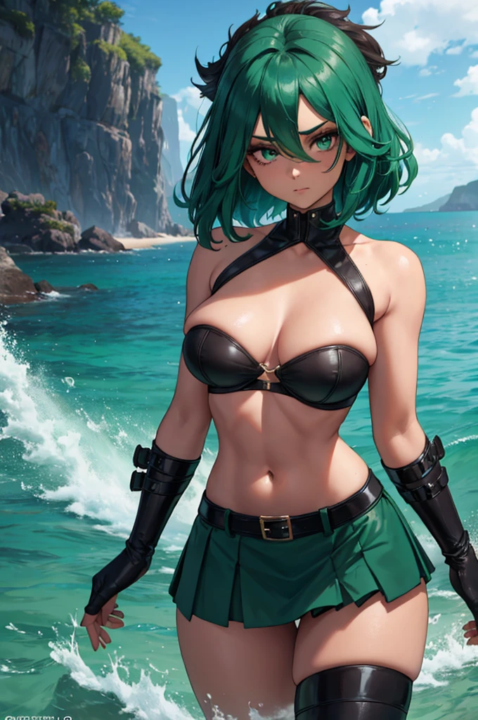 brown or black skin body, Long sea foam green color hair, sea foam color eyes, black top, black belt, with sea foam color skirt on front, and black gloves. Green magic coming out of hands, Arms reveal, Belly reveal, revealing legs, revealing thighs.