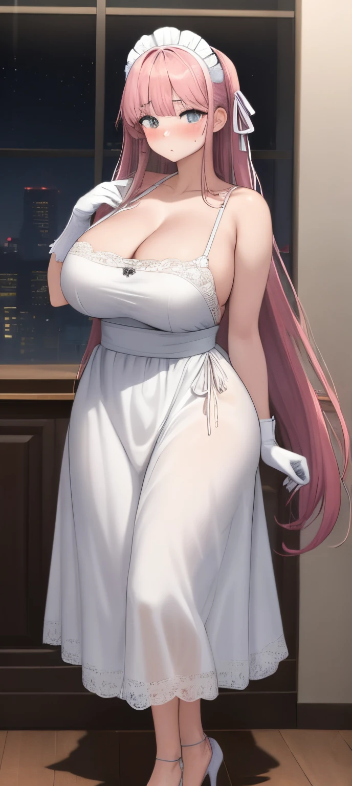 realistic, 1girl, pink hair, very long hair, wear bride veil, straight hair, blunt bangs, (beautiful eyes), blush, ((((white maid dress, fully clothed)))), ((big breast)), maid headband, white hand gloves, high heels, ribbon, night, indoor, staring at viewer, lipstick, closed mouth, bare foot, sfw, very big breast, [big belly], covered belly, thicc girl, standing, fat girl, obese girl