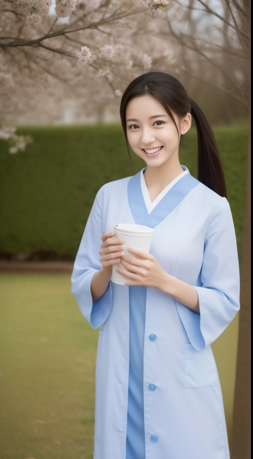poneyTail、The face is a hostess、Dress is nurse uniform、hiquality、A hyper-realistic、healthy、Smiling expression、Slender perfect figure、Japan beauties、beautidful eyes、face perfect、Beautiful skin、The background is the library、up of face