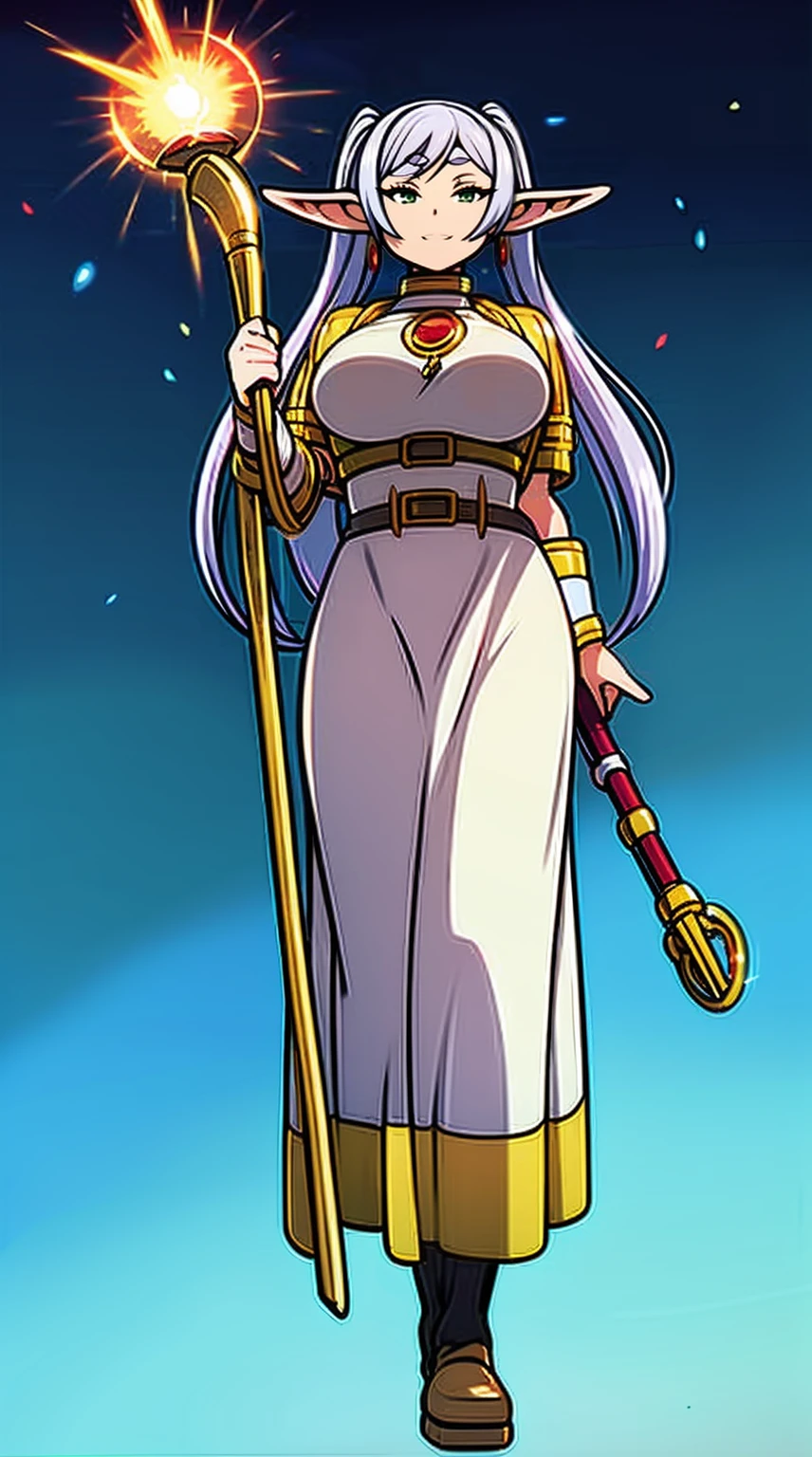1girl,solo,elf,white hair,grey hair,earrings,pointy ears,long hair,ponytail,green eyes,twintails,parted bangs,thick eyebrows,,, holy magicalgirl, open mouth fang, holy haura, , smile, joyfull, paladin, staff holding, full body , boots, standing,cute,breast, curvy, female,fantasy goddess,there is a cartoon picture of a woman with a very large breast, glowing divine being, glowing holy aura, inspired by Luma Rouge, the non-binary deity of spring, ethereal rainbow nimbus, the butterfly goddess of fire, inspired by Mariel, glowing aura around her, astral wind, as the goddess of the saturn, “uwu the prismatic person, big breast, serious, beautiful eyes, , full body, walking, long robe, long dress, ,priestess ,holy, smile, god rays, ray tracing, sparkle, cinematic lighting, UHD, retina, masterpiece, ccurate, anatomically correct, textured skin, super detail, high details, high quality, award winning, best quality, highres, 1080P, HD, 4K, thunder aura, light aura,full, snak staff,closed mouth