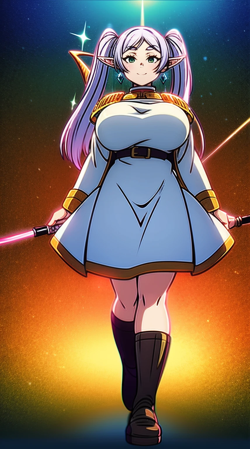 1girl,solo,elf,white hair,grey hair,earrings,pointy ears,long hair,ponytail,green eyes,twintails,parted bangs,thick eyebrows,,, holy magicalgirl, open mouth fang, holy haura, , smile, joyfull, paladin, staff holding, full body , boots, standing,cute,breast, curvy, female,fantasy goddess,there is a cartoon picture of a woman with a very large breast, glowing divine being, glowing holy aura, inspired by Luma Rouge, the non-binary deity of spring, ethereal rainbow nimbus, the butterfly goddess of fire, inspired by Mariel, glowing aura around her, astral wind, as the goddess of the saturn, “uwu the prismatic person, big breast, serious, beautiful eyes, , full body, walking, long robe, long dress, ,priestess ,holy, smile, god rays, ray tracing, sparkle, cinematic lighting, UHD, retina, masterpiece, ccurate, anatomically correct, textured skin, super detail, high details, high quality, award winning, best quality, highres, 1080P, HD, 4K, thunder aura, light aura,full, snak staff,closed mouth