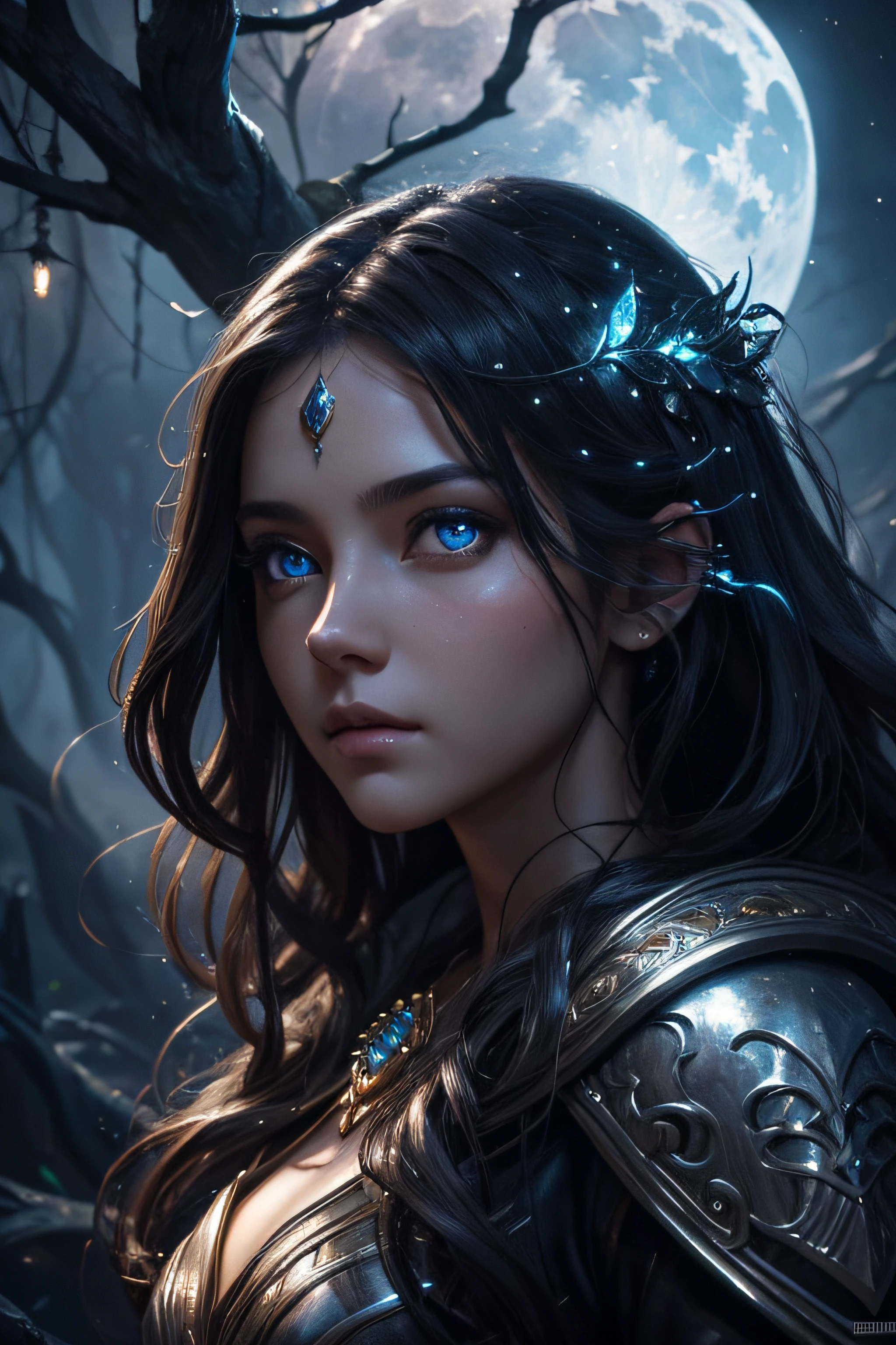 1girl, The moonlight shines down upon it, bringing with it swirling magical lights, the forbidden tree, dynamic lighting, fantasy concept art, (detailed face:1.2), (detailed eyes:1.2), (detailed background)