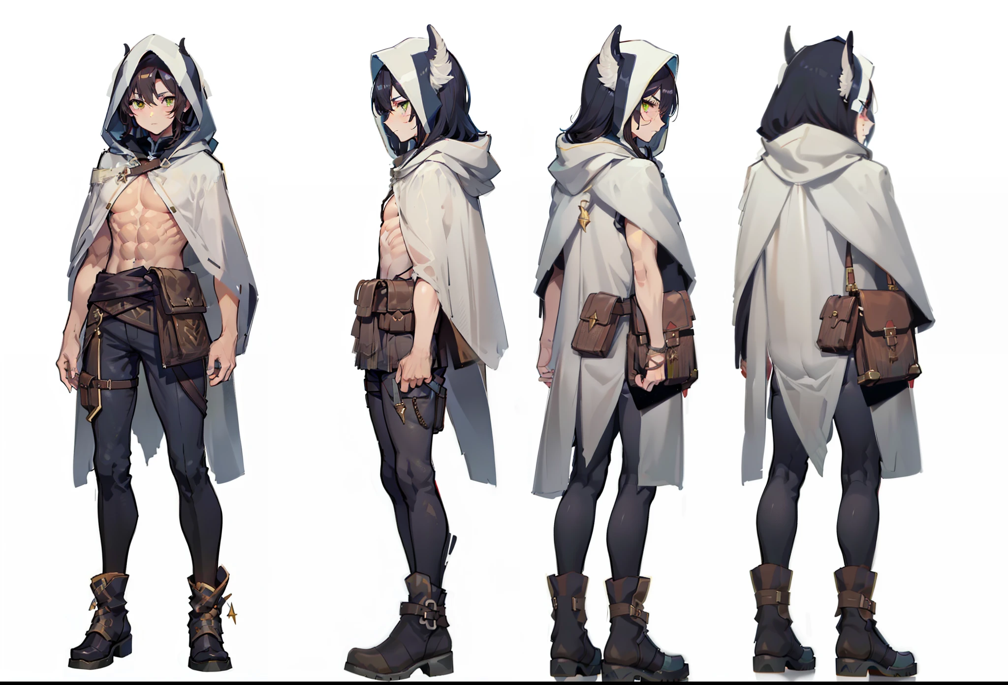 1male, reference sheet, matching outfit, (fantasy character design, front angles, side angles, rear angles) man, Kaelan, thin, lithe and agile with sable dark hair in unruly waves, Hooded Rogue, piercing emerald eyes, freckles, Desert wanderer, tanned skin, revealing keen intellect. Average height, lean and toned build from navigating Sandlands. Subtle scar on left cheek. Wearing Hide Boots, Illusionary Cloak, Satchel of Desert Alchemy.