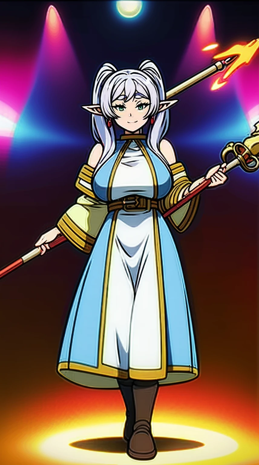 1girl,solo,elf,white hair,grey hair,earrings,pointy ears,long hair,ponytail,green eyes,twintails,parted bangs,thick eyebrows,,, holy magicalgirl, open mouth fang, holy haura, , smile, joyfull, paladin, staff holding, full body , boots, standing,cute,breast, curvy, female,fantasy goddess,there is a cartoon picture of a woman with a very large breast, glowing divine being, glowing holy aura, inspired by Luma Rouge, the non-binary deity of spring, ethereal rainbow nimbus, the butterfly goddess of fire, inspired by Mariel, glowing aura around her, astral wind, as the goddess of the saturn, “uwu the prismatic person, big breast, serious, beautiful eyes, , full body, walking, long robe, long dress, ,priestess ,holy, smile, god rays, ray tracing, sparkle, cinematic lighting, UHD, retina, masterpiece, ccurate, anatomically correct, textured skin, super detail, high details, high quality, award winning, best quality, highres, 1080P, HD, 4K, thunder aura, light aura,full, snak staff,closed mouth