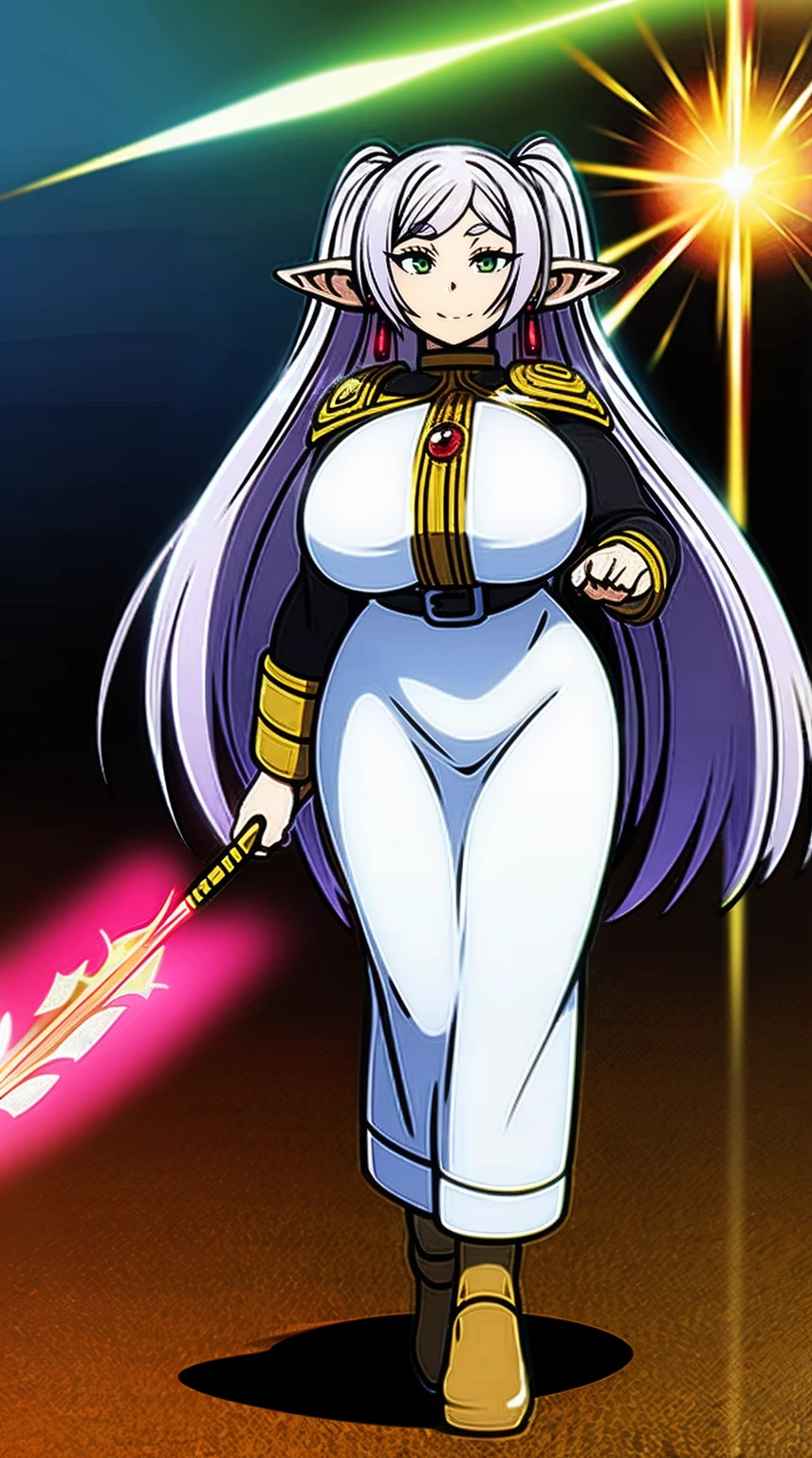 1girl,solo,elf,white hair,grey hair,earrings,pointy ears,long hair,ponytail,green eyes,twintails,parted bangs,thick eyebrows,,, holy magicalgirl, open mouth fang, holy haura, , smile, joyfull, paladin, staff holding, full body , boots, standing,cute,breast, curvy, female,fantasy goddess,there is a cartoon picture of a woman with a very large breast, glowing divine being, glowing holy aura, inspired by Luma Rouge, the non-binary deity of spring, ethereal rainbow nimbus, the butterfly goddess of fire, inspired by Mariel, glowing aura around her, astral wind, as the goddess of the saturn, “uwu the prismatic person, big breast, serious, beautiful eyes, , full body, walking, long robe, long dress, ,priestess ,holy, smile, god rays, ray tracing, sparkle, cinematic lighting, UHD, retina, masterpiece, ccurate, anatomically correct, textured skin, super detail, high details, high quality, award winning, best quality, highres, 1080P, HD, 4K, thunder aura, light aura,full, snak staff,closed mouth