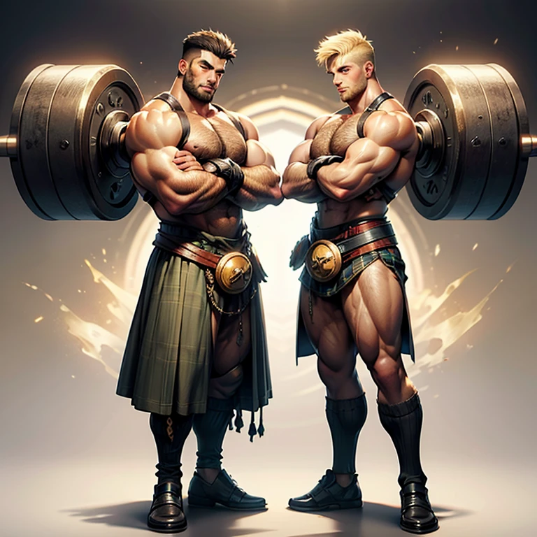 Full body, two very big strong bodybuilders handsome hairy bulky young men warrior, wearing a very small kilt, very strong legs and arms, wide shoulders, blond hair with short taper haircut, very hairy body, fucking