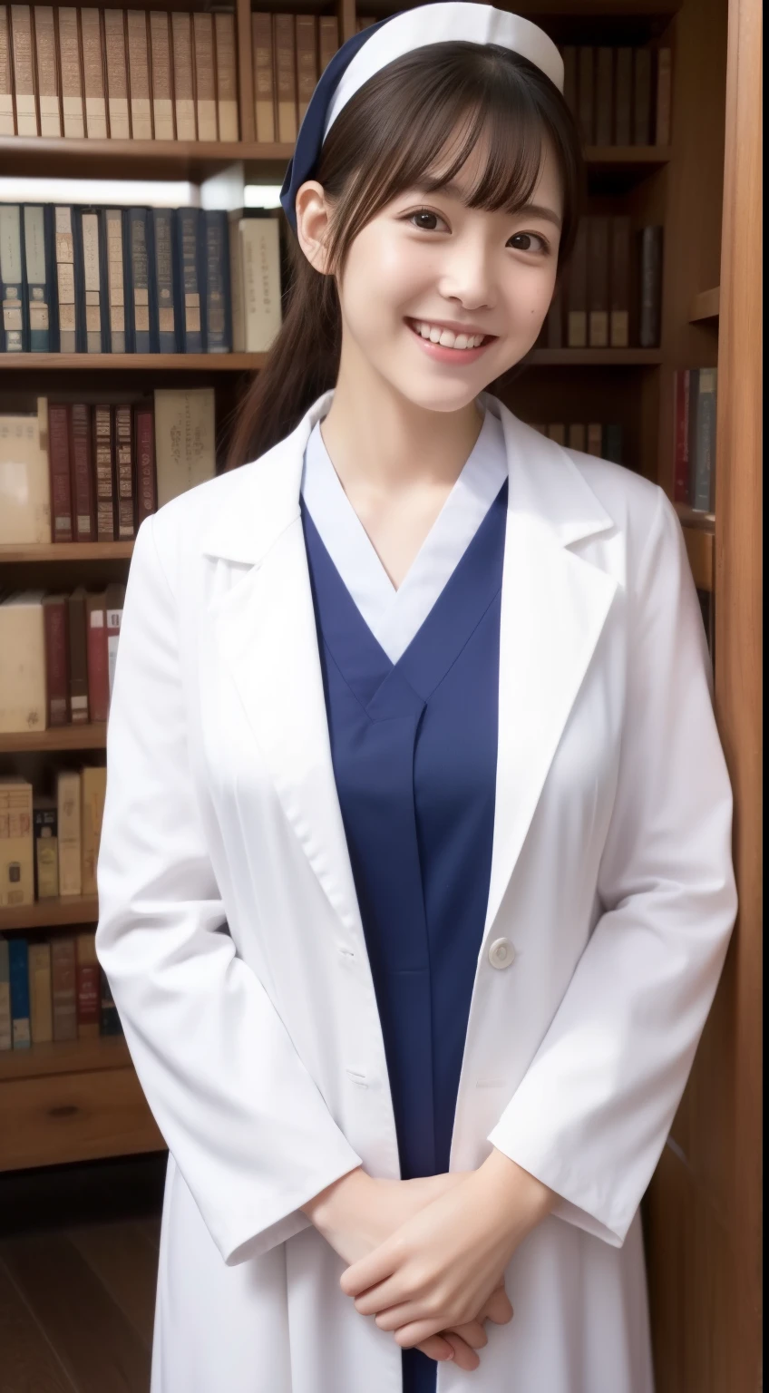 poneyTail、The face is a hostess、Dress is nurse uniform、hiquality、A hyper-realistic、healthy、Smiling expression、Slender perfect figure、Japan beauties、beautidful eyes、face perfect、Beautiful skin、The background is the library、up of face