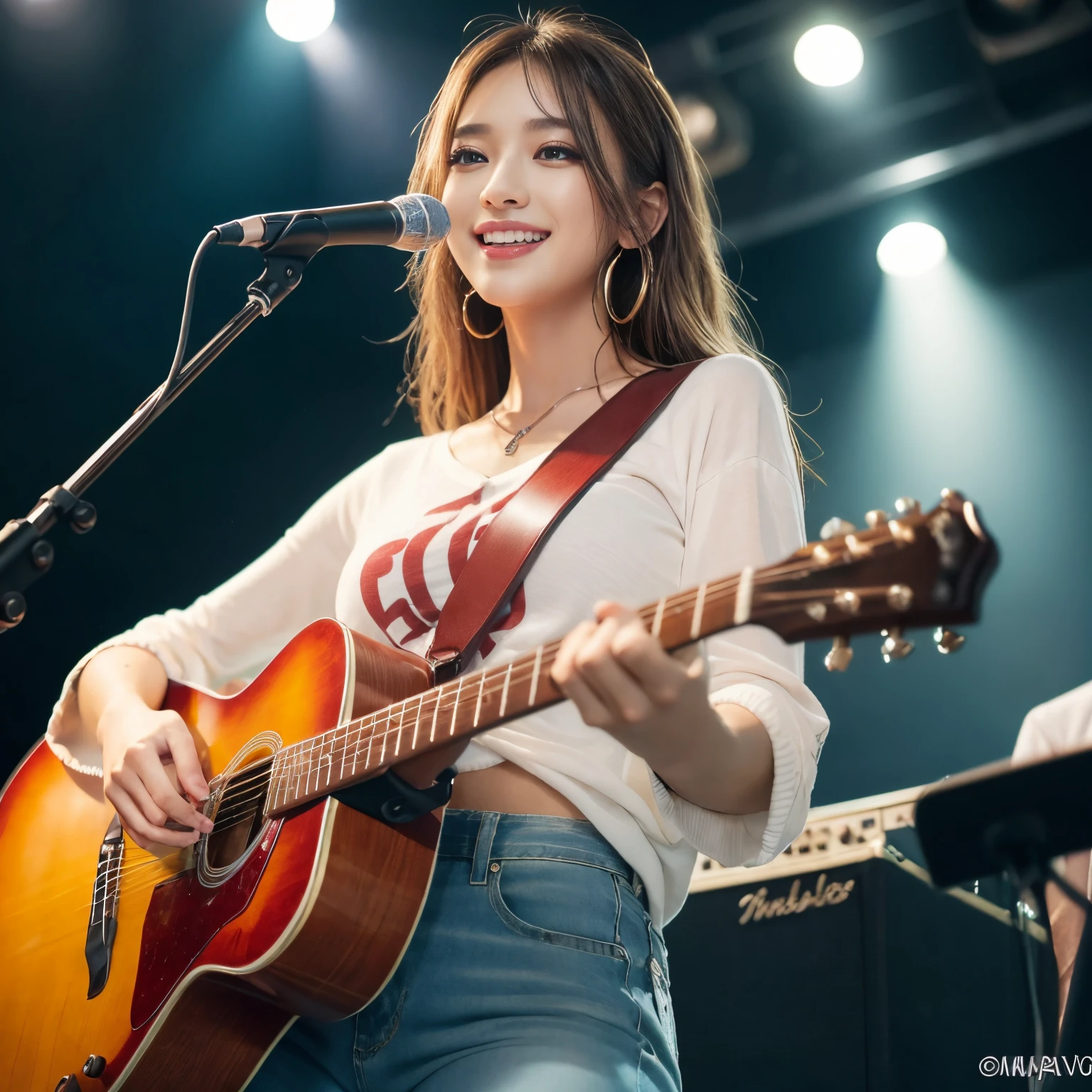 ((Best Quality, masutepiece, 超A high resolution、The most complex and detailed depictions))、1 female guitarist、Shirts and pants、Playing guitar、Perfect guitar、Shot from the waist up、Perfect gas chamber、huge smile、A detailed face、Perfectly reproduce every detail of the guitar、perfect concert background、gorgeous lighting、colorful lighting、perfect arms、Perfect fingers、acoustic guitar
