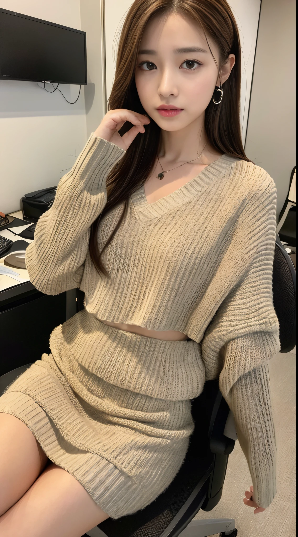 best image quality、realistically、Shining beautiful skin、1 female、Early 20s、Chair、idol sculpture、sweater、skirt、sexy underwear、smile at the camera、