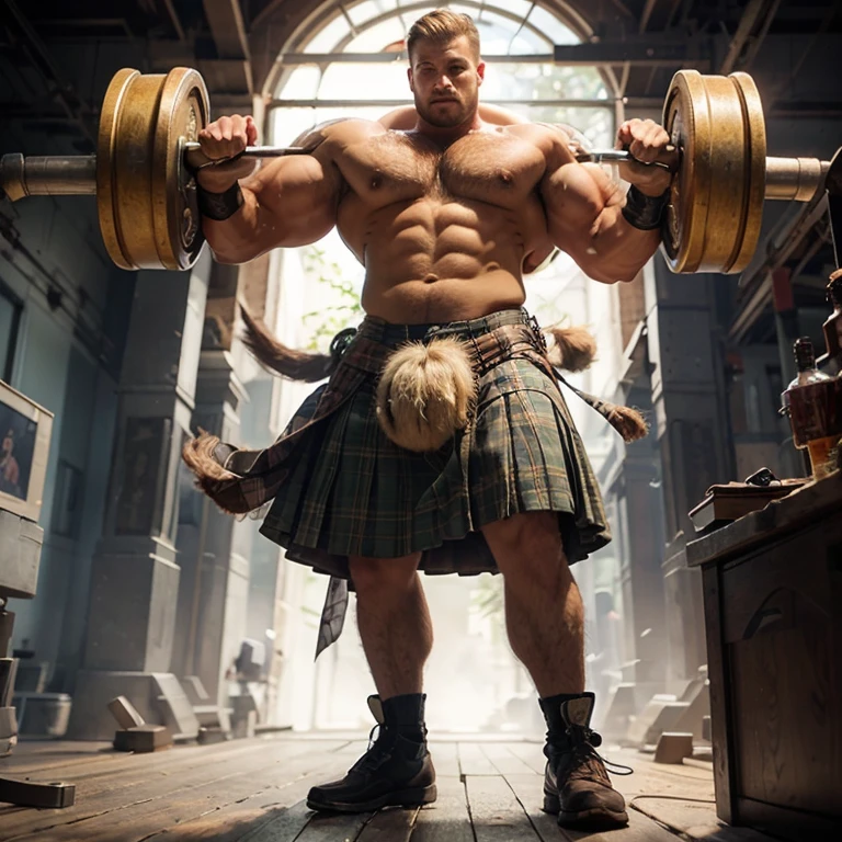 Full body, two very big strong bodybuilders handsome hairy bulky young men warrior, wearing a very small kilt, very strong legs and arms, wide shoulders, blond hair with short taper haircut, very hairy body,
