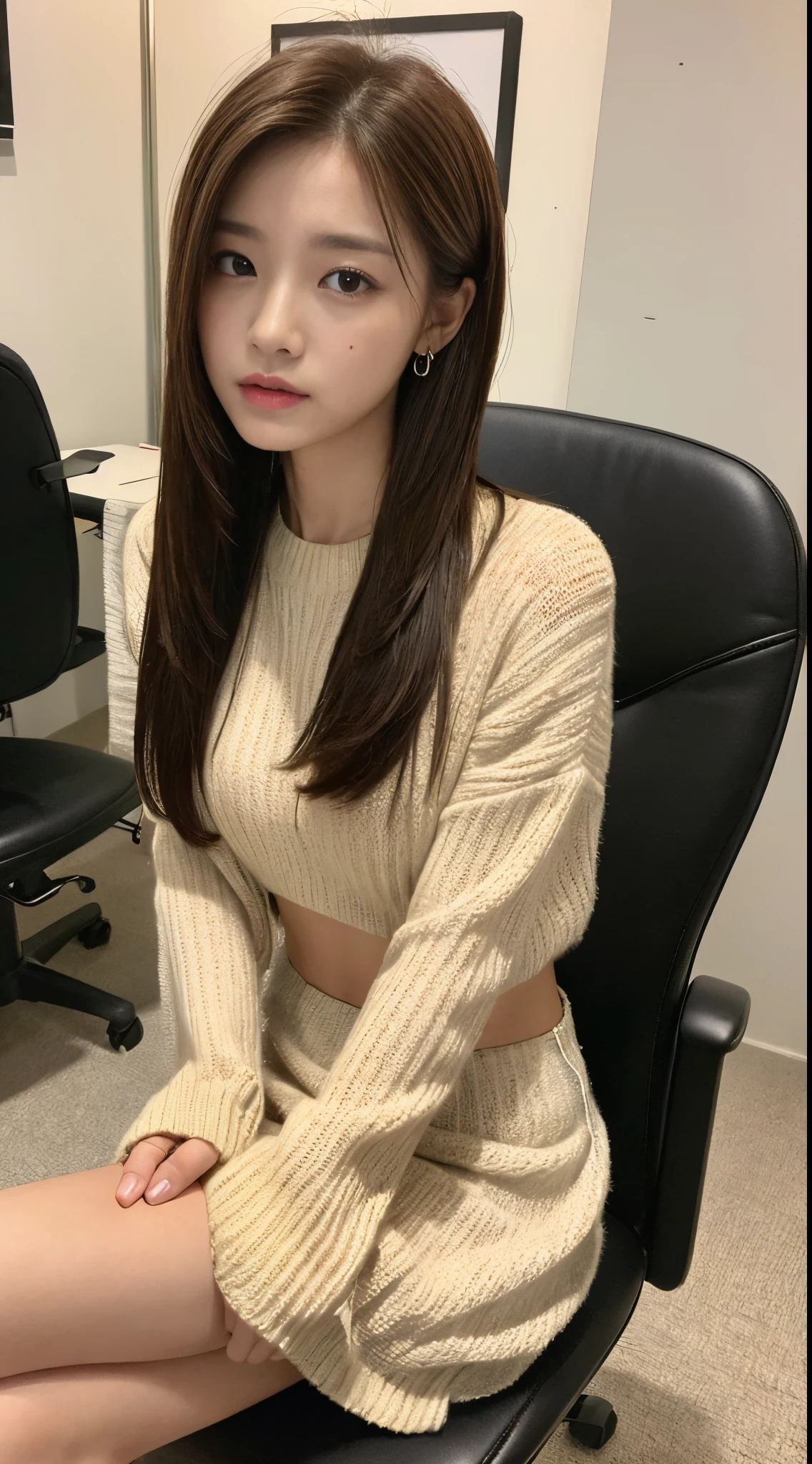 ((top-quality、8k、masterpiece:1.3))、foco nítido:1.2、perfectbodybeauty:1.4、Slim abs:1.2、((Layered Hair Style、small tits:1.2))、Very small bust、(mesh sweater:1.1)、Highly detailed facial and skin texture、Narrow-eyed、二重まぶた、seductiv、a short skirt、Light brown hair、office chair、High-definition facial features、 8K
