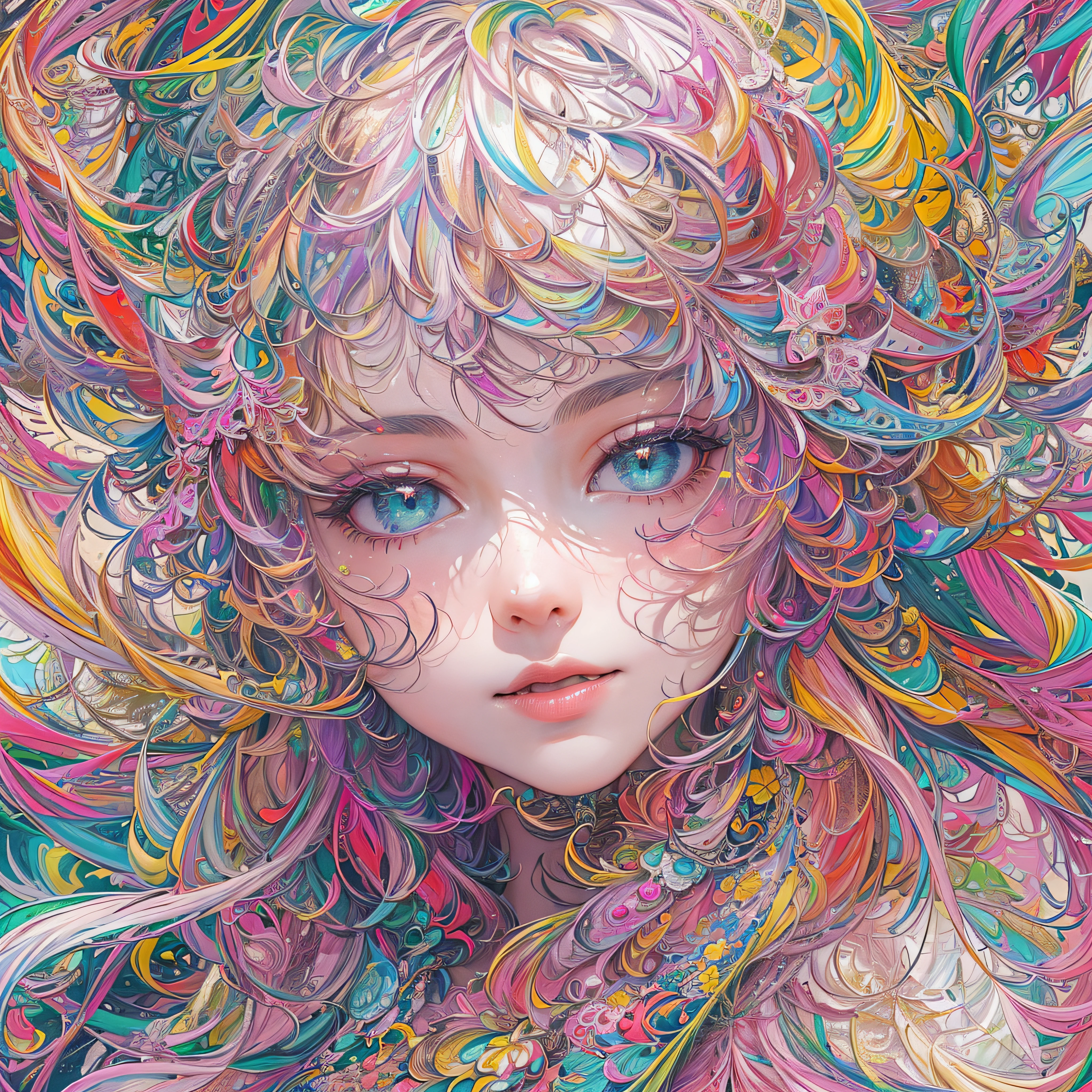 (masterpiece、top-quality、top-quality、Official Art、Beautifully Aesthetic:1.2)、Highly detailed fractal art、(colourfull:1.5)、highest details、Zentangle、a closeup、 (1girl in:1.5), 独奏, (dynamicposes), (abstract background:1.5), (shinny skin),
