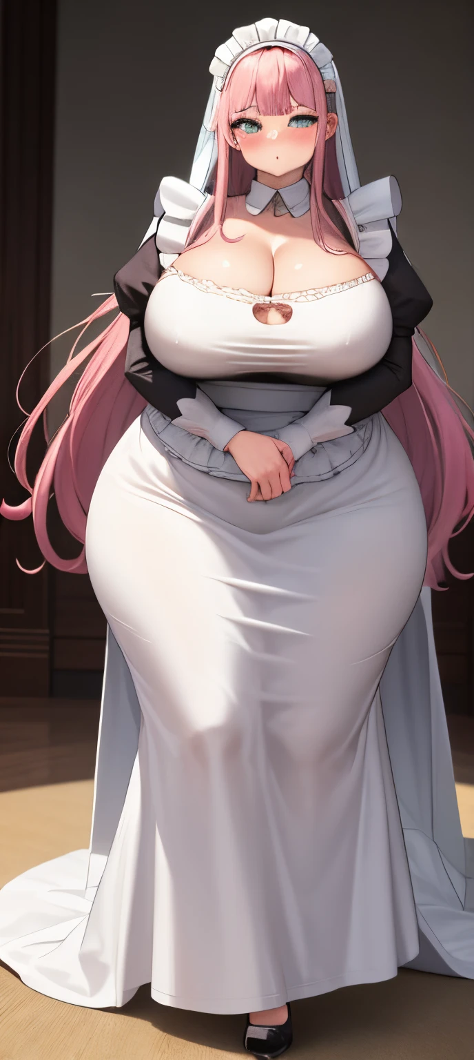 realistic, 1girl, pink hair, very long hair, wear bride veil, straight hair, blunt bangs, (beautiful eyes), blush, ((((white maid dress, fully clothed)))), ((big breast)), maid headband, white hand gloves, high heels, ribbon, night, indoor, staring at viewer, lipstick, closed mouth, bare foot, sfw, very big breast, [big belly], covered belly, thicc girl, standing, fat girl, obese girl