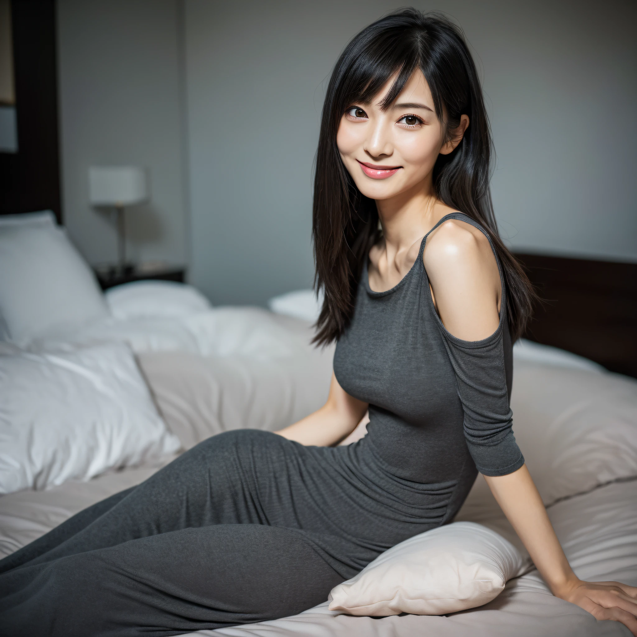 (8K, Photorealistic, Raw photography, Best Quality:1.4), Beautiful face, Realistic face, (Detailed face), Beautiful hairstyle, (Detailed hair), Realistic eyes, (Detailed eyes), Beautiful details, Realistic skin, (Detailed skin), Beautiful skin, Attractive, Ultra high definition, A hyper-realistic, Very detailed, (medium breasts:0.2), Japanese beauty, (slim figure, skinny figure, slender waist), (charming woman in a tight dress sitting on a bed, cool japanese street fashion, japanese city street fashion), gentle smile, black hair, (super model figure), cute 40-years-old Japanese woman, (dark gray gradation background), Long hair style