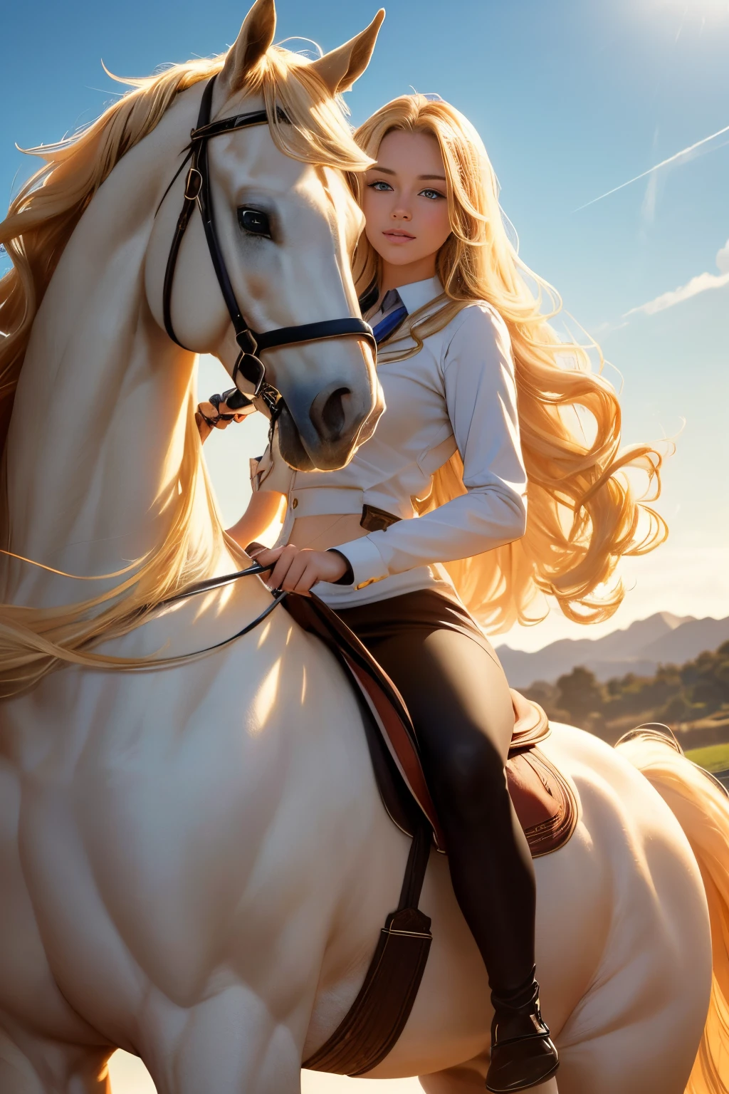 (best quality,4k,8k,highres,masterpiece:1.2),ultra-detailed,(realistic,photorealistic,photo-realistic:1.37),blonde student,girl with long wavy beautiful blonde hair,luscious lips,alluring blue eyes,piercing gaze,stylish school uniform,sexy and sensual pose,view from the back,delicate light shining on her,sun-kissed skin,golden locks flowing in the wind,proud and confident smile,magical realism vibes,riding a majestic horse,graceful and enchanting,fierce and passionate connection between the girl and the horse,elegant movement,curvaceous figure enhancing the sensual allure,sparkling personality radiating from within.