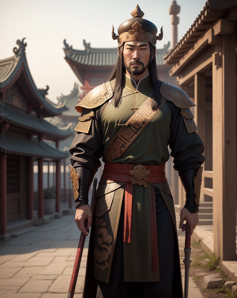 General guan yu with halberd, photorealistic, high quality standing in front of ancient chinese temple, in full color