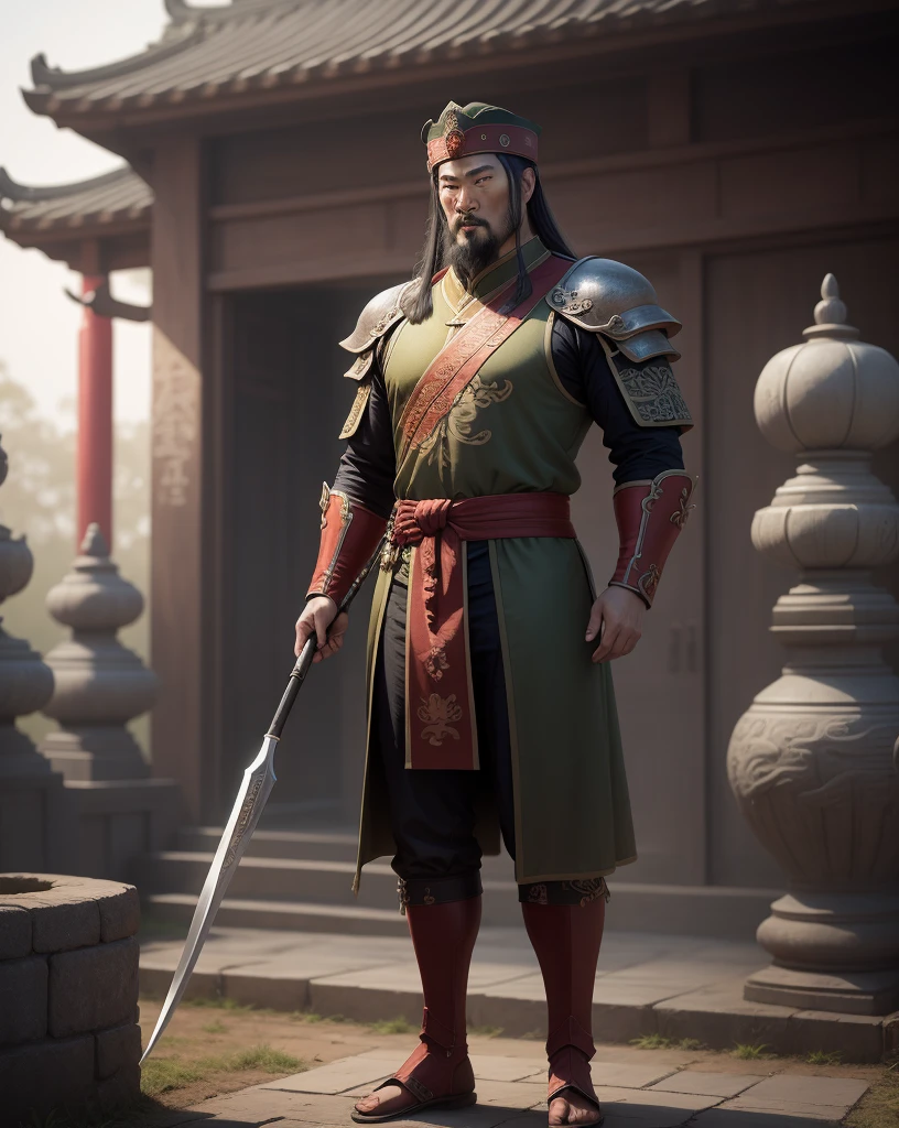 General guan yu with halberd, photorealistic, high quality standing in front of ancient chinese temple, in full color