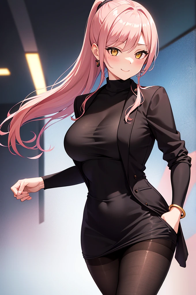 1girl,alternate costume,bag,black dress,black pantyhose,blush,bracelet,breasts,brown jacket,dress,hand in pocket,handbag,jacket,jewelry,large breasts,looking at viewer,pantyhose,pink hair,ponytail,sidelocks,smile,solo,sweater,sweater dress,stage,yellow eyes